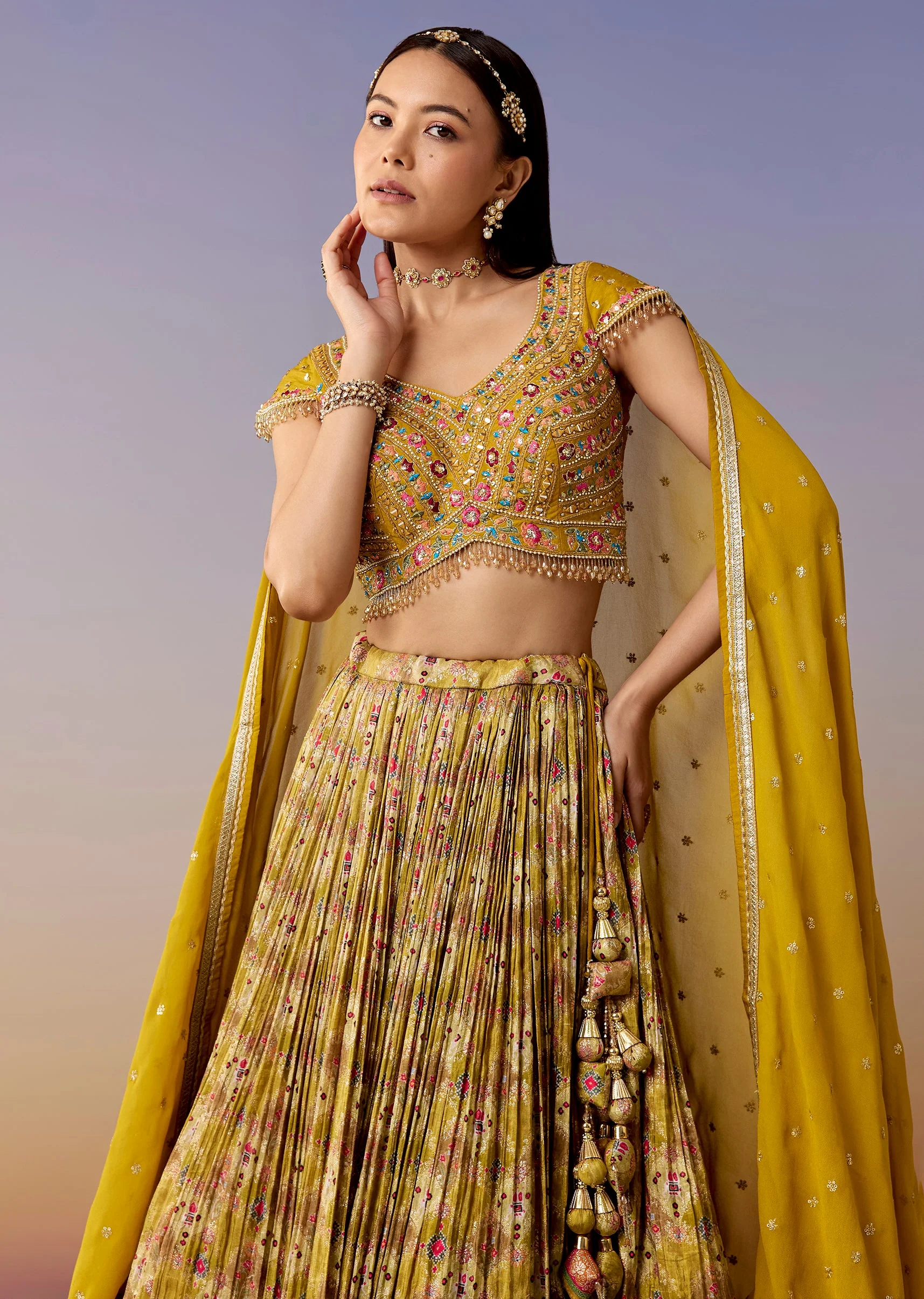 A Yellow Printed Bridesmaid Lehenga Sets - Image 5