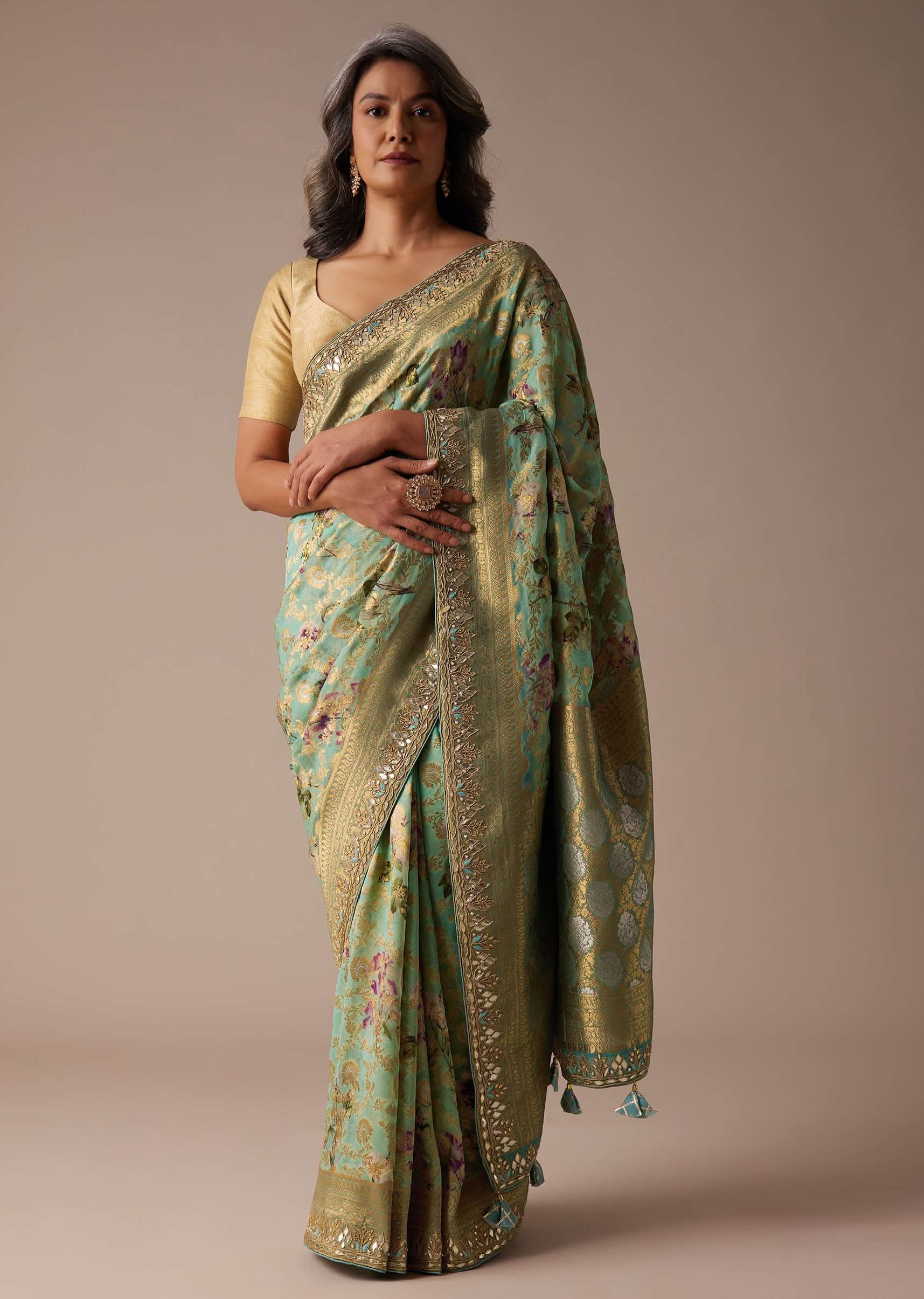 Agate Green Banarasi Saree In Banarasi Silk With Weaved Floral Jaal All Over - Image 3