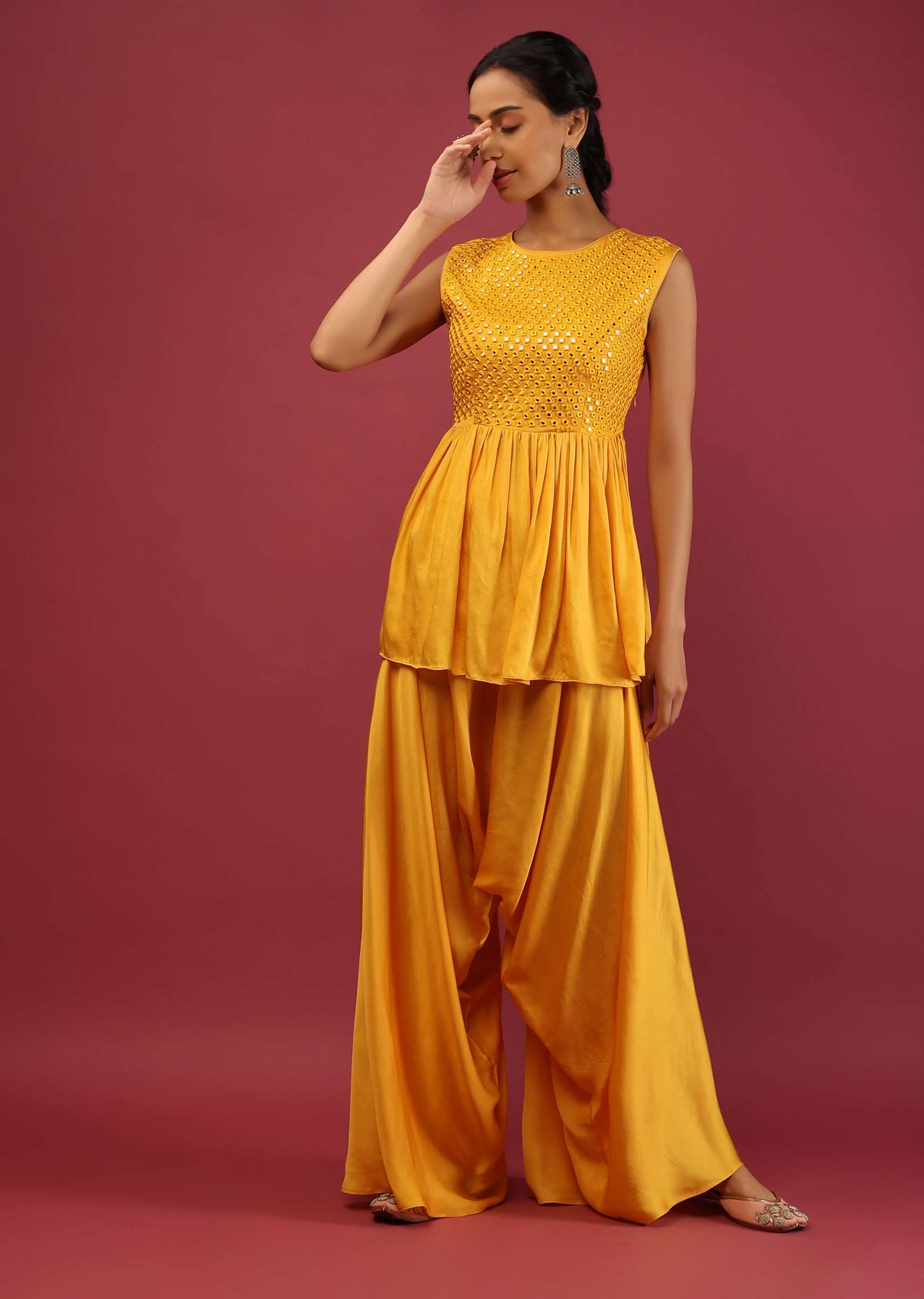 Amber Yellow Peplum Kurta And Cowl Dhoti Suit Set With Mirror Abla Embroidery - Image 3