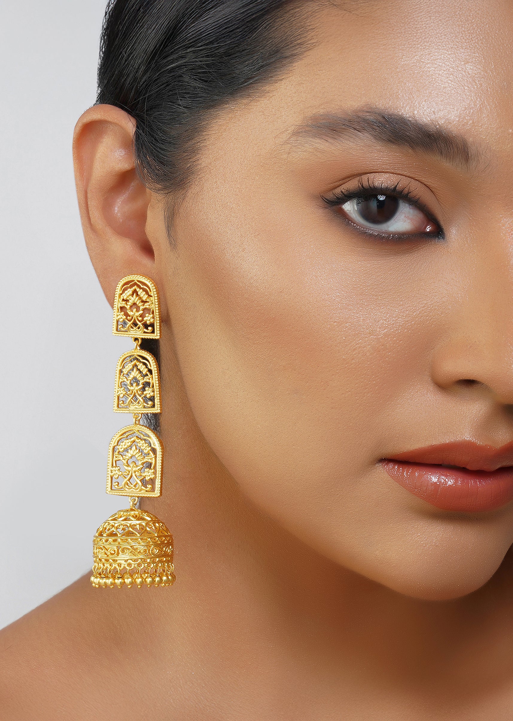 Antique Gold Bareilly Jhumka Earrings With Layered Dome Design - Image 2