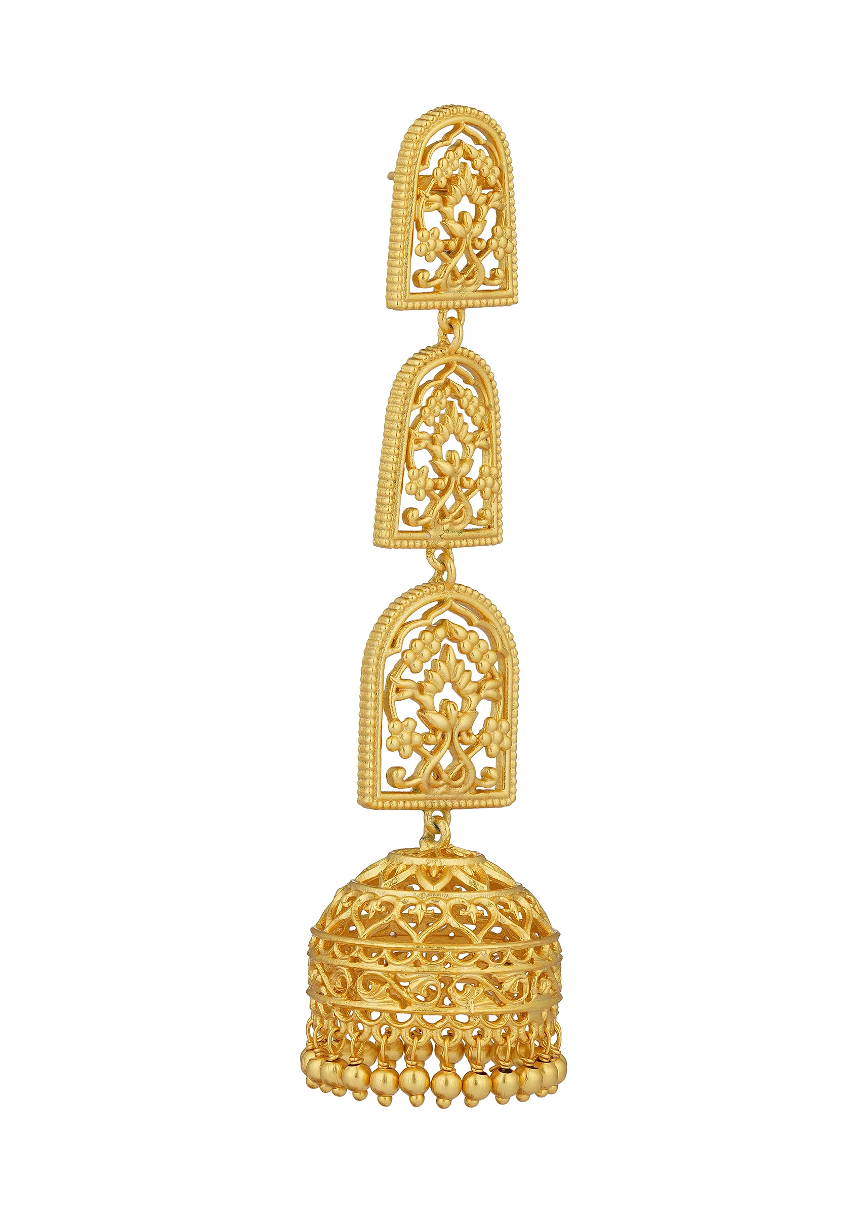 Antique Gold Bareilly Jhumka Earrings With Layered Dome Design - Image 4