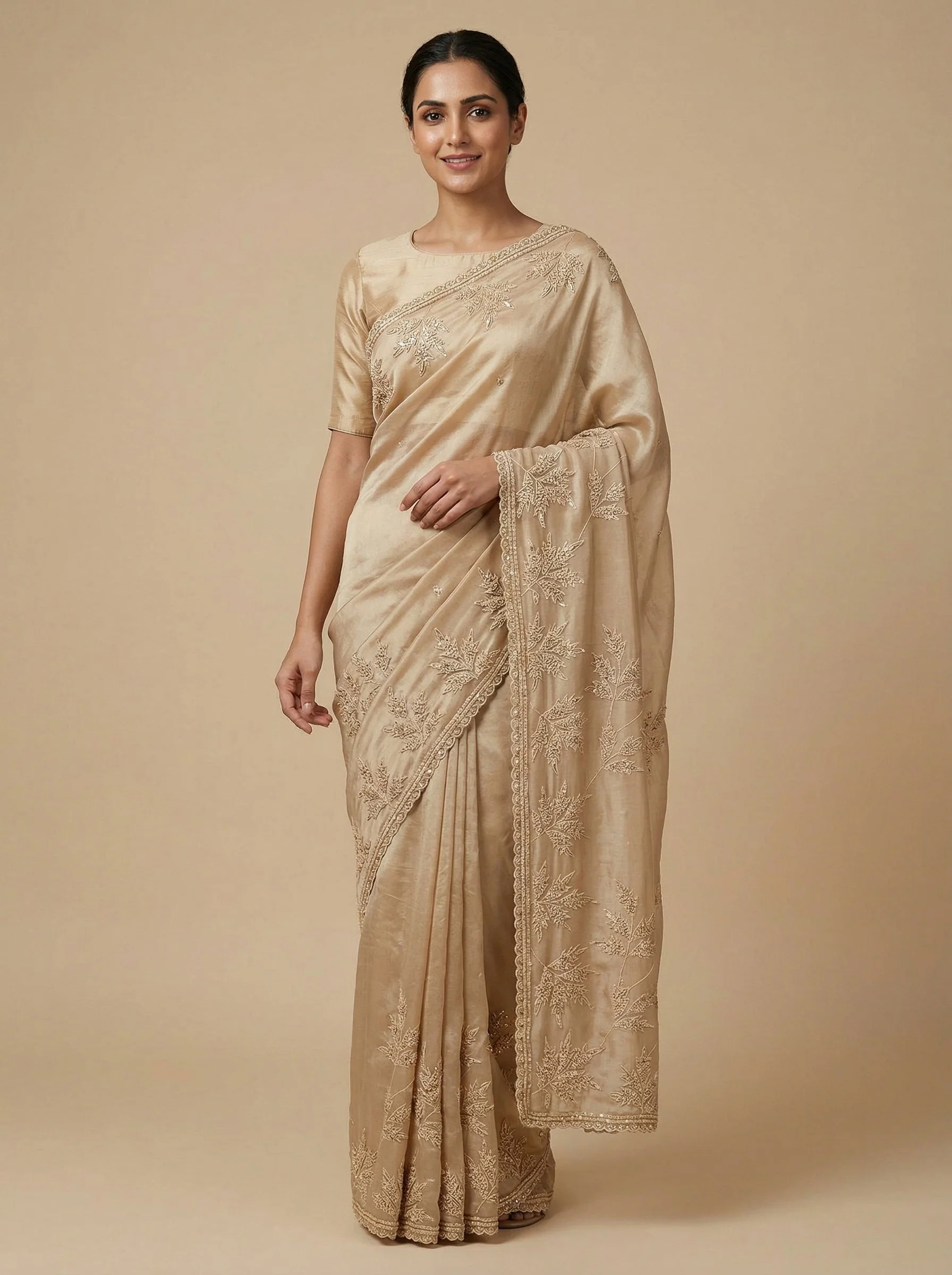 Antique Ivory Off White Embroidered Saree