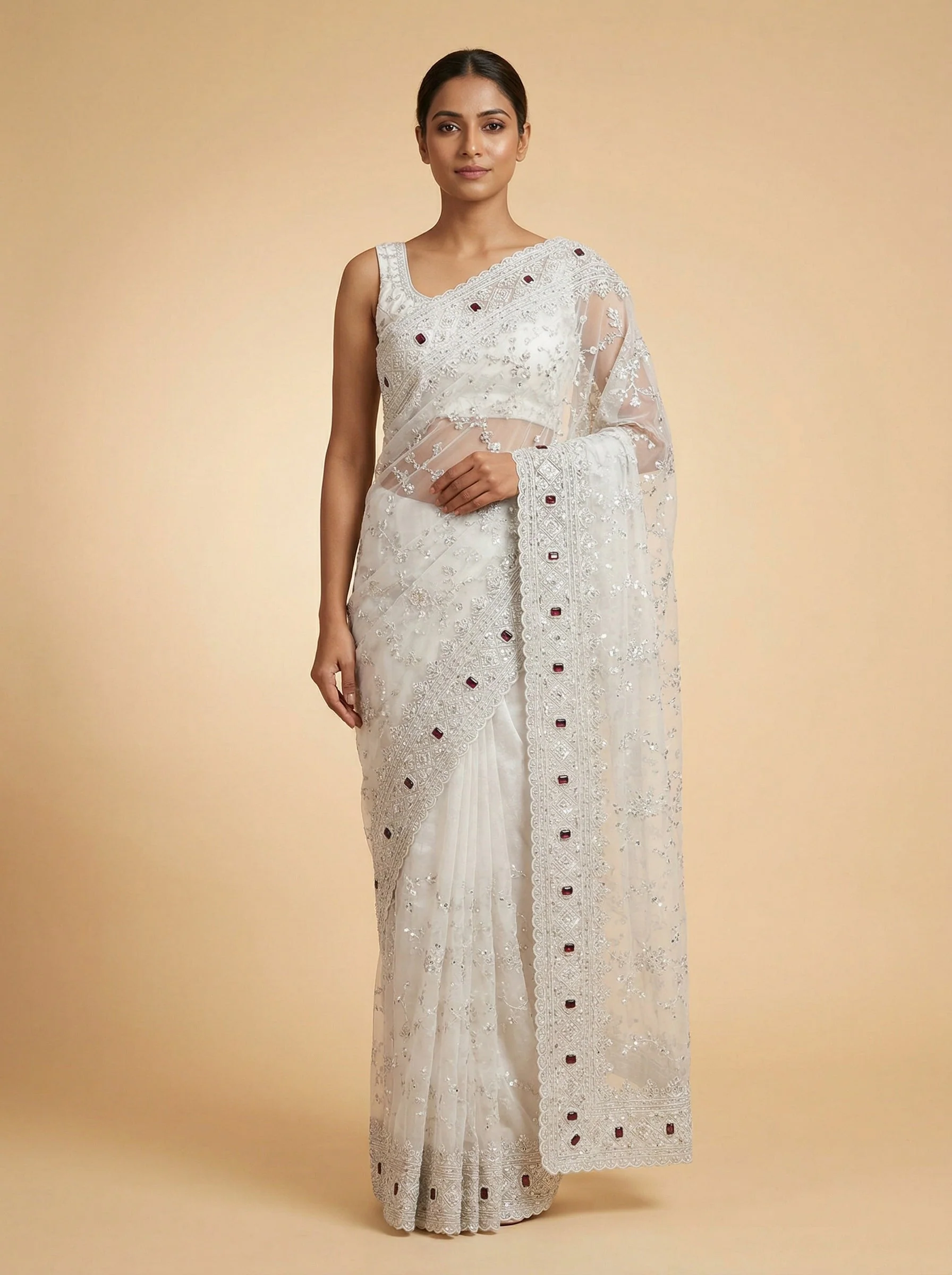 Antique Off White Embroidered Saree