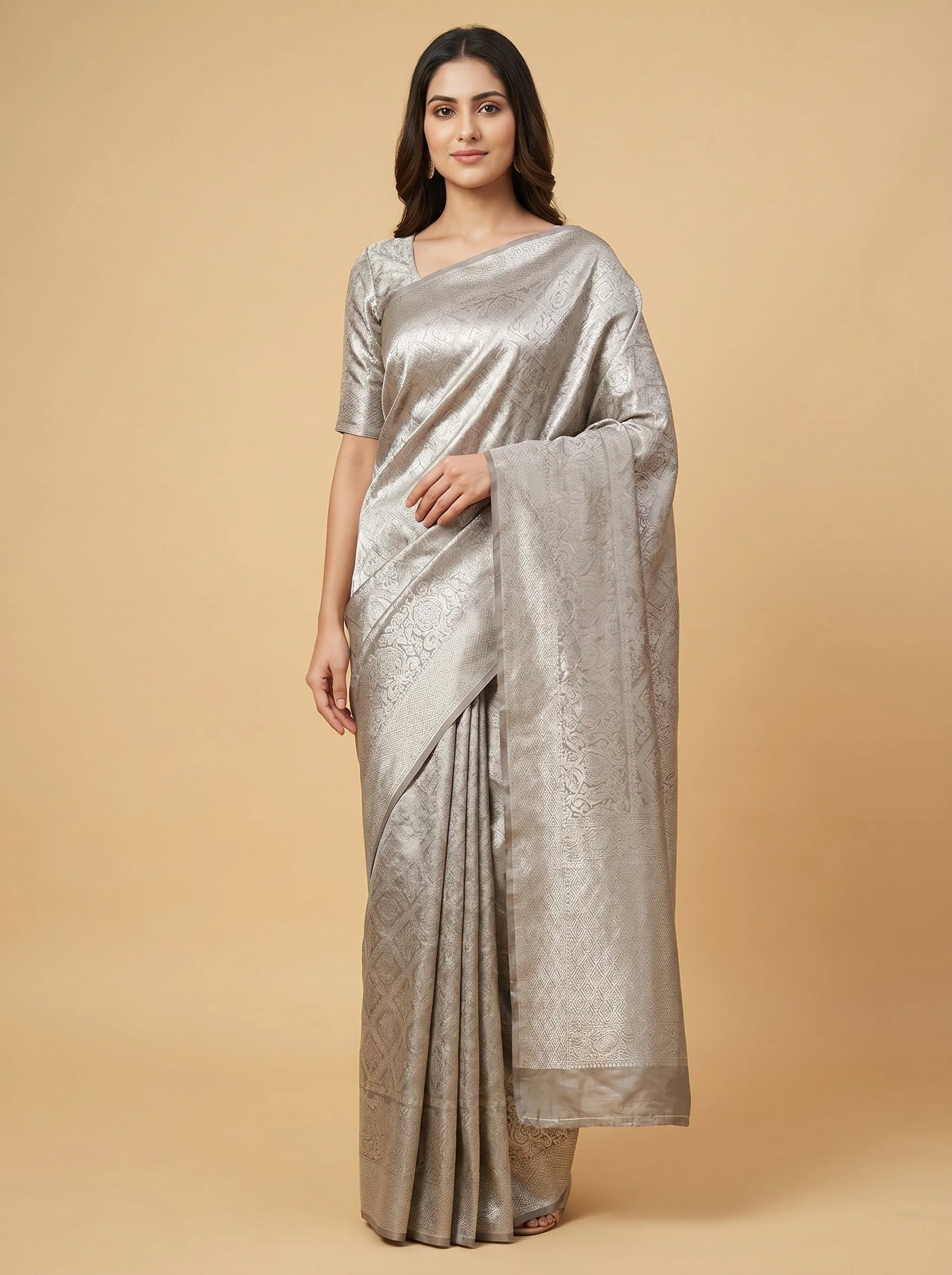Antique Silver Vintage Finish Handloom Saree