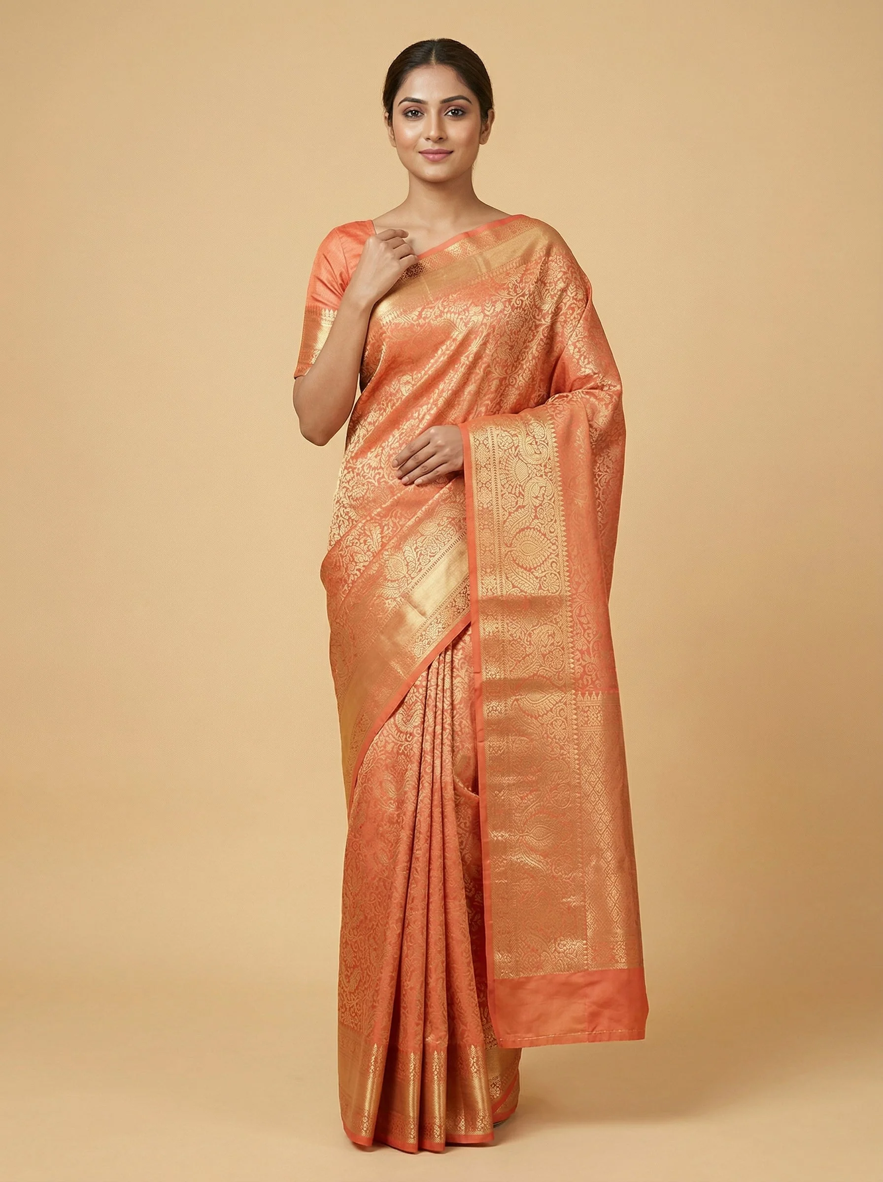 Apricot Dark Peach Handloom Saree