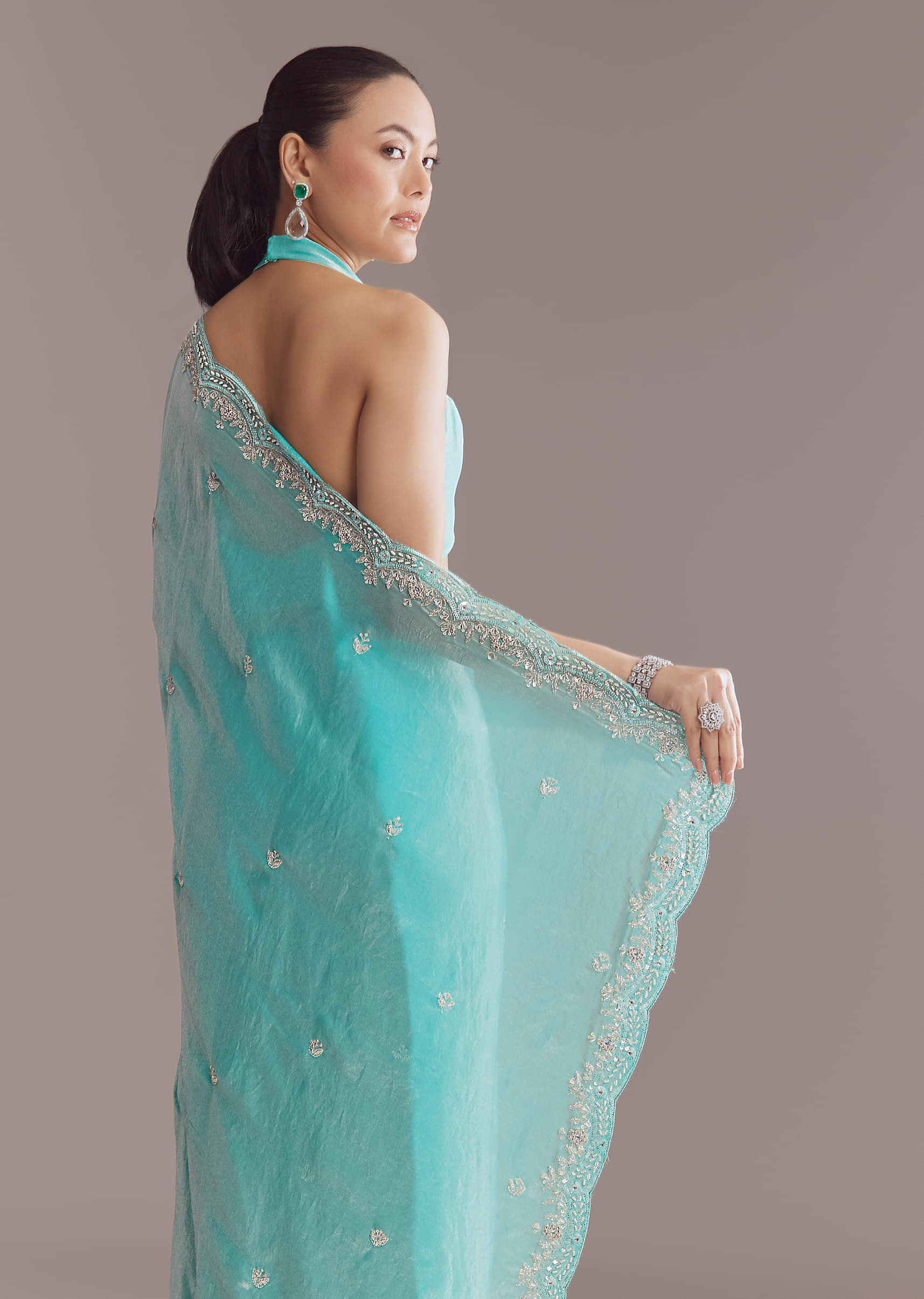 Aqua Blue Chinon Saree With Floral Embroidery - Image 5