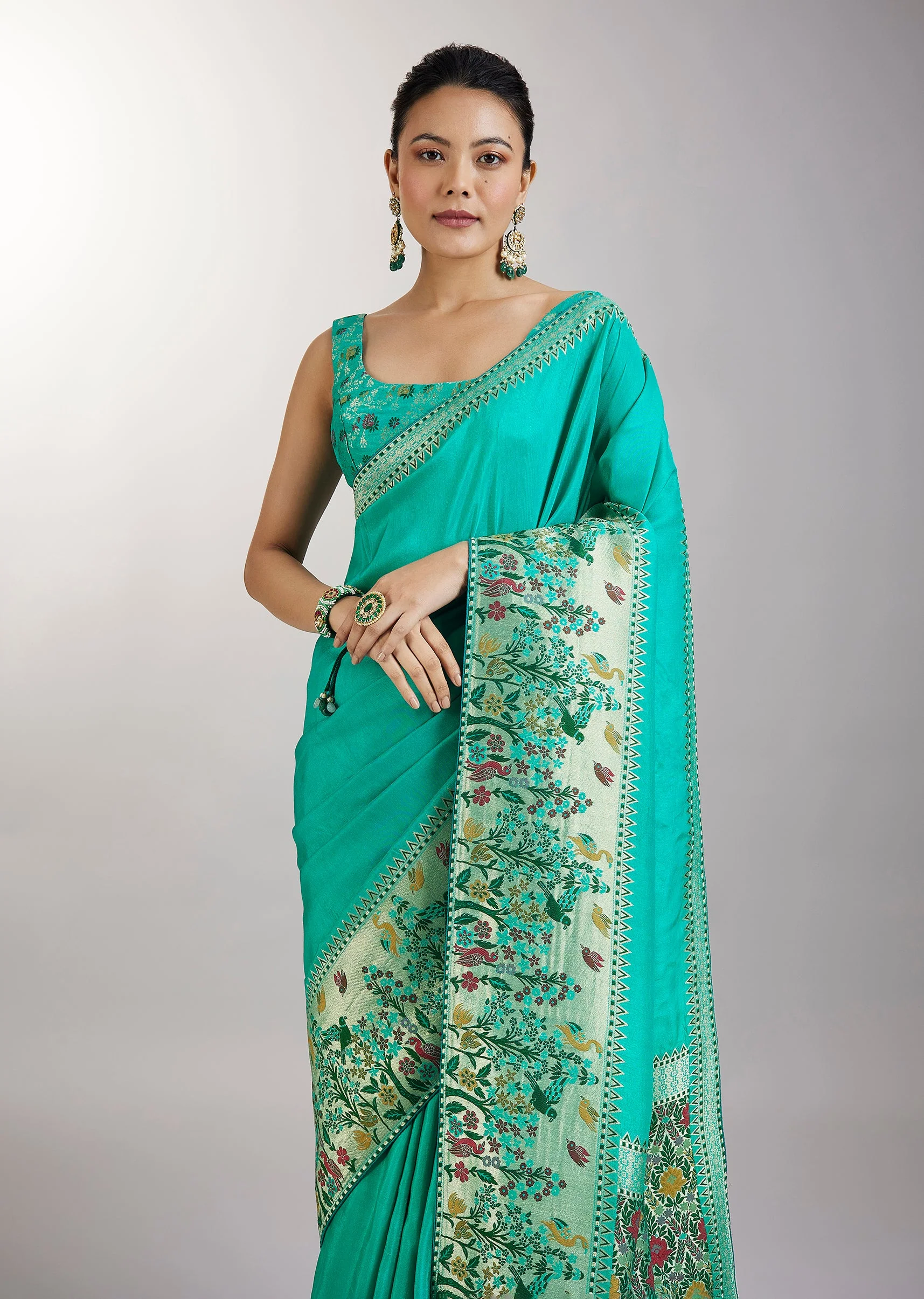 Aqua Blue Dola Silk Paithani Saree - Image 5