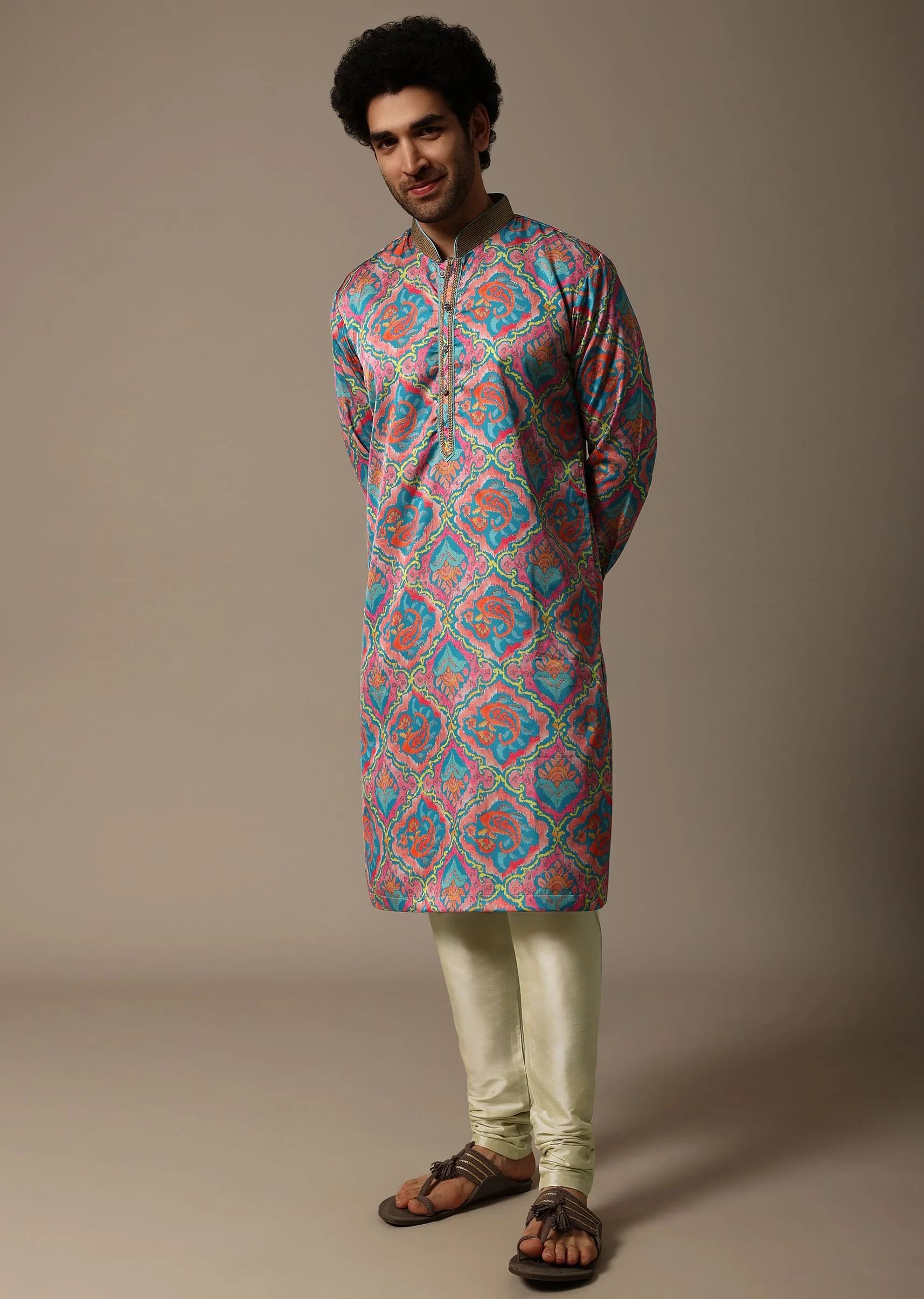 Aqua Blue Printed Silk Kurta Set For Men - Image 3