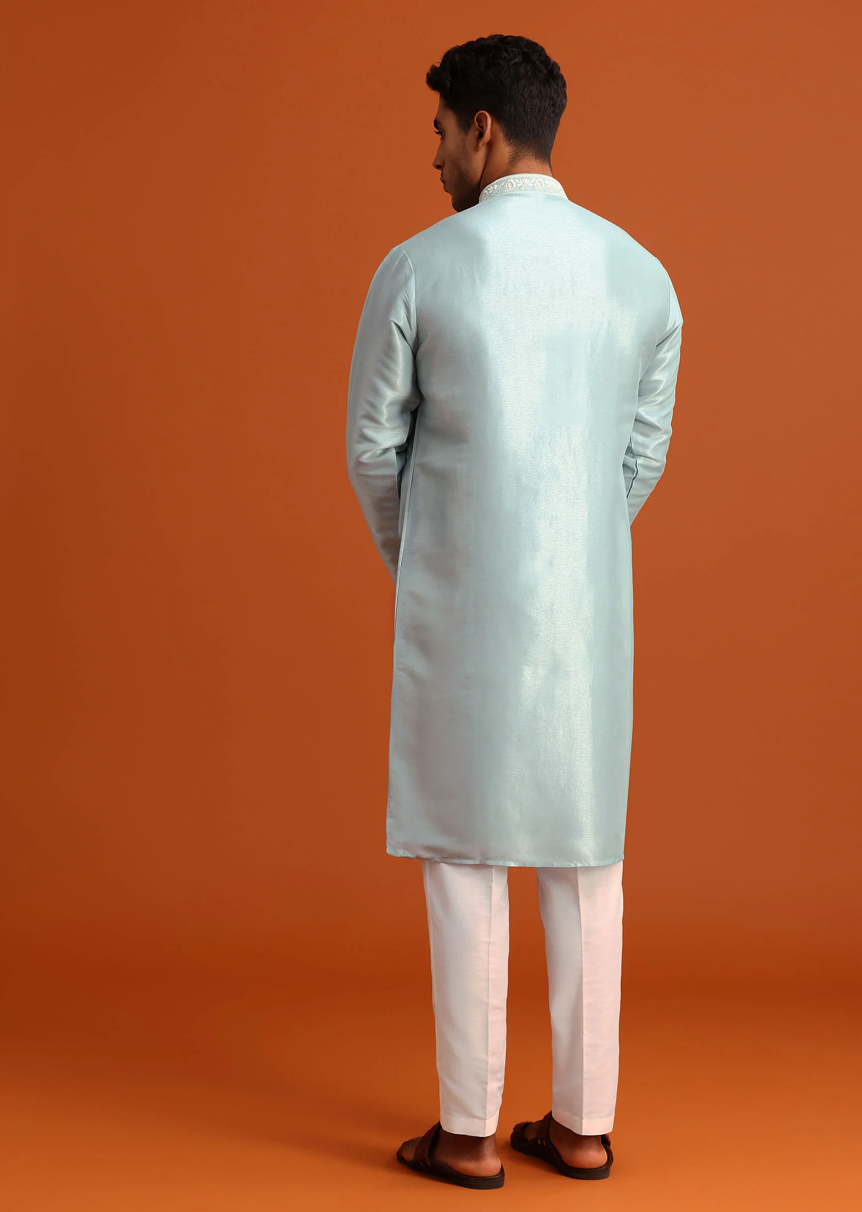 Aqua Blue Silk Kurta Set With Booti Work - Image 5