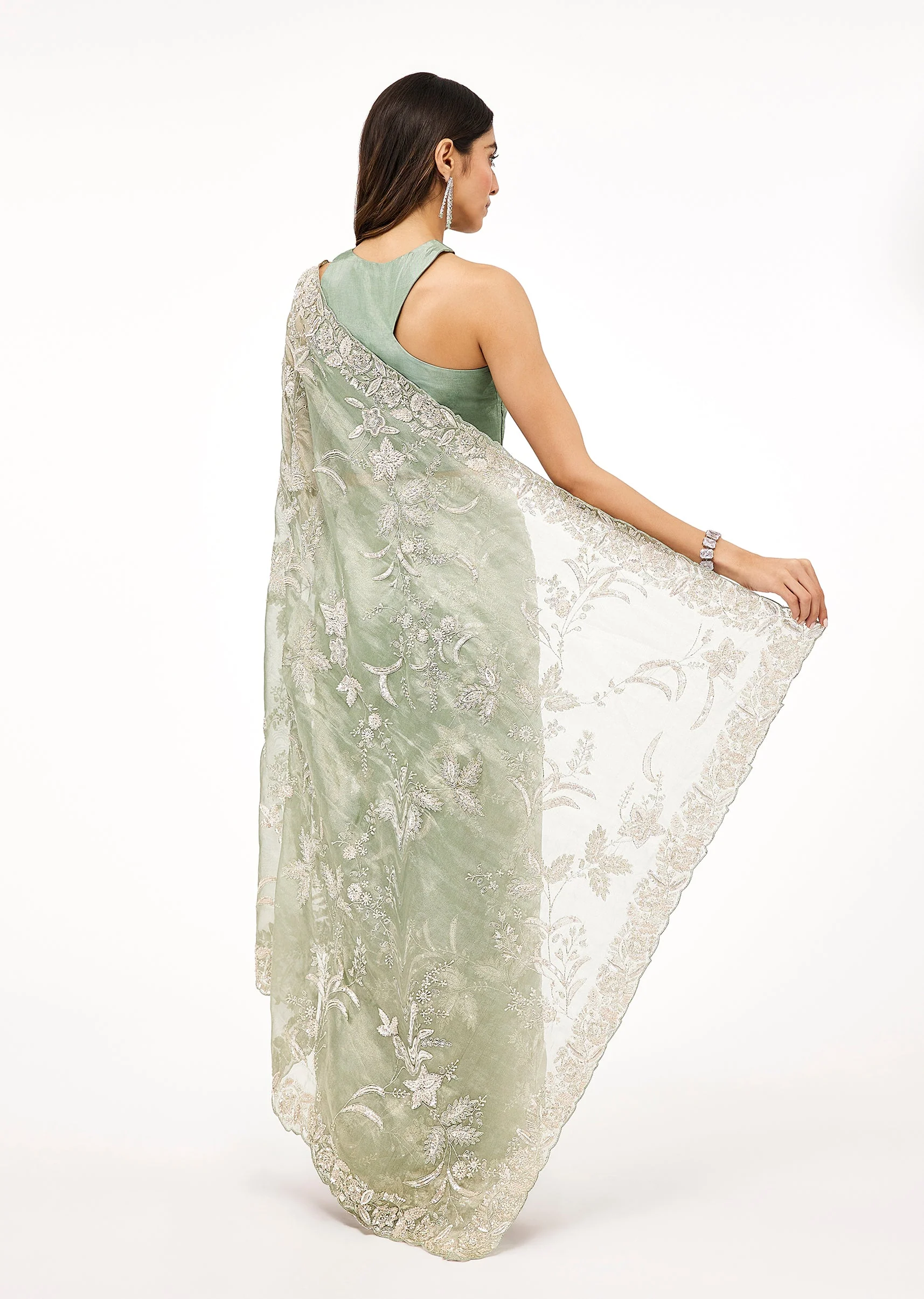 Aqua Blue Tissue Saree With All Over Embroidery - Image 4