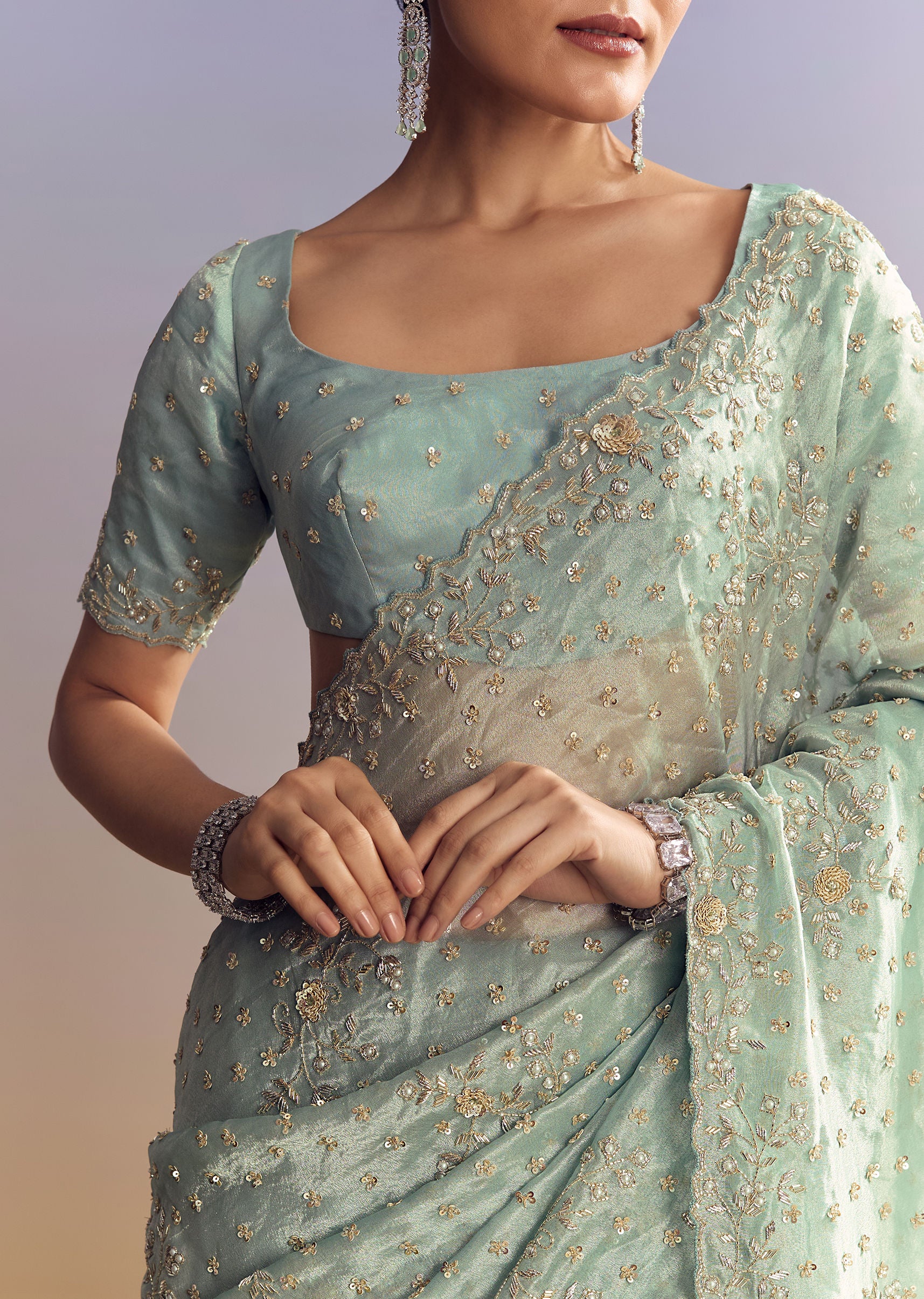 Aqua Blue Tissue Saree With Cutwork And Unstitched Embellished Blouse - Image 2