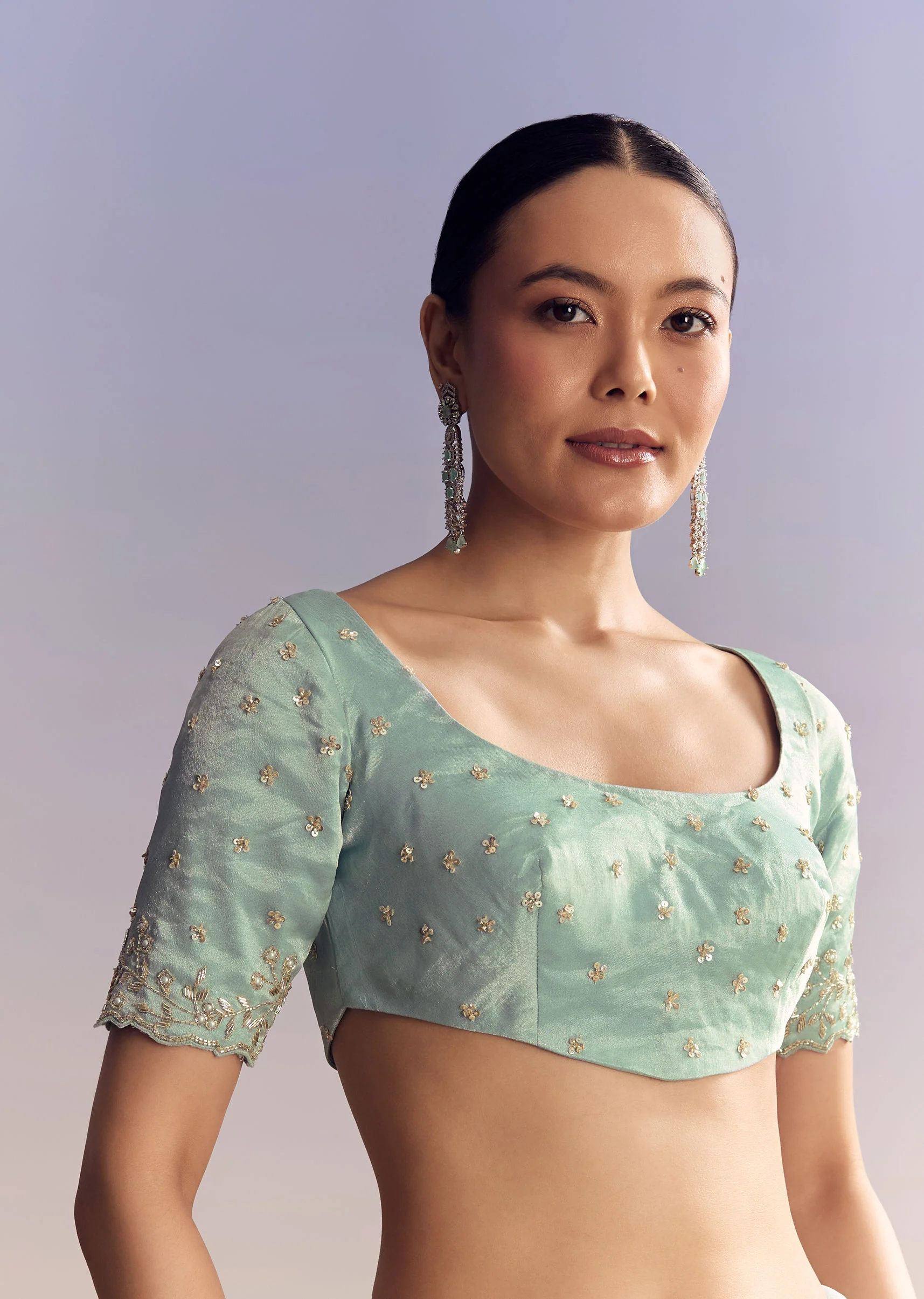 Aqua Blue Tissue Saree With Cutwork And Unstitched Embellished Blouse - Image 6