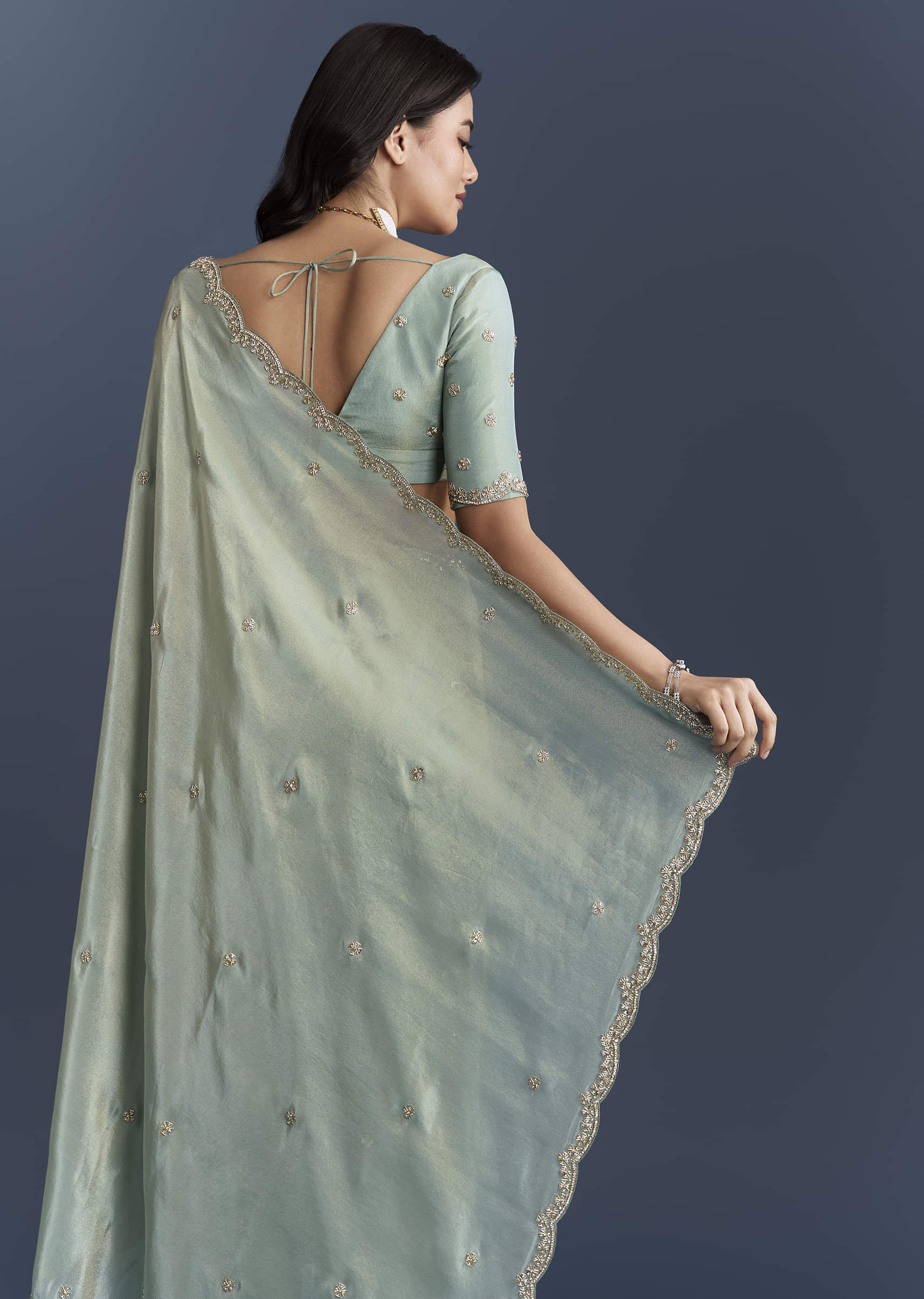 Aqua Blue Tissue Saree With Intricate Hand Embroidery - Image 6