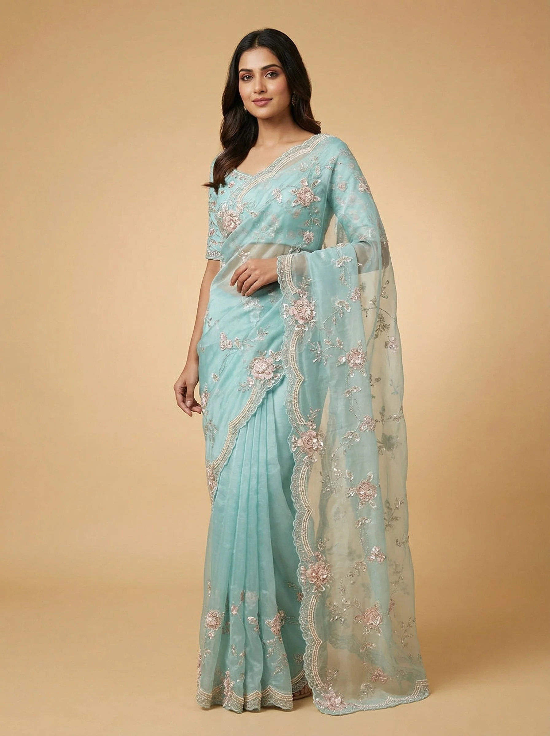 Aqua Breezy Embroidered Saree