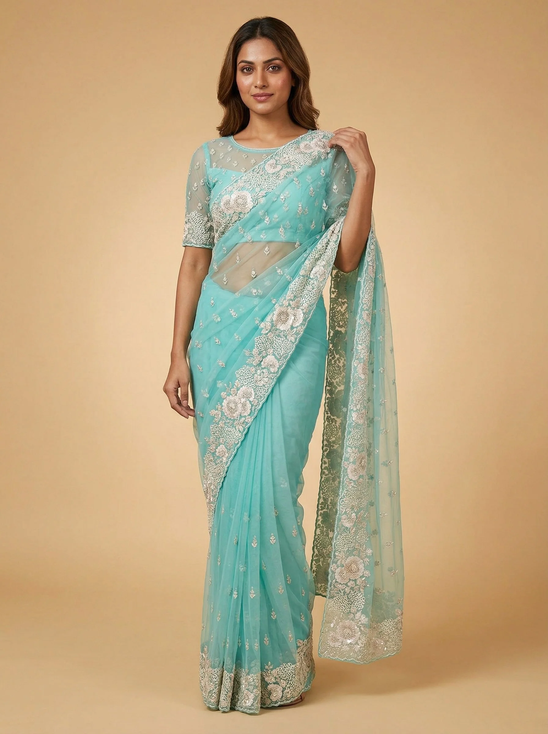 Aqua Crisp Embroidered Saree