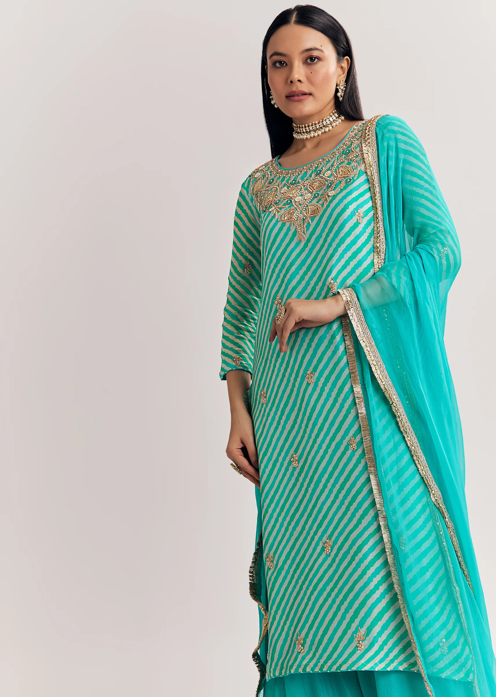Aqua Festive Duo – Leheriya Suit For Her And Jacket Kurta Set For Him - Image 3