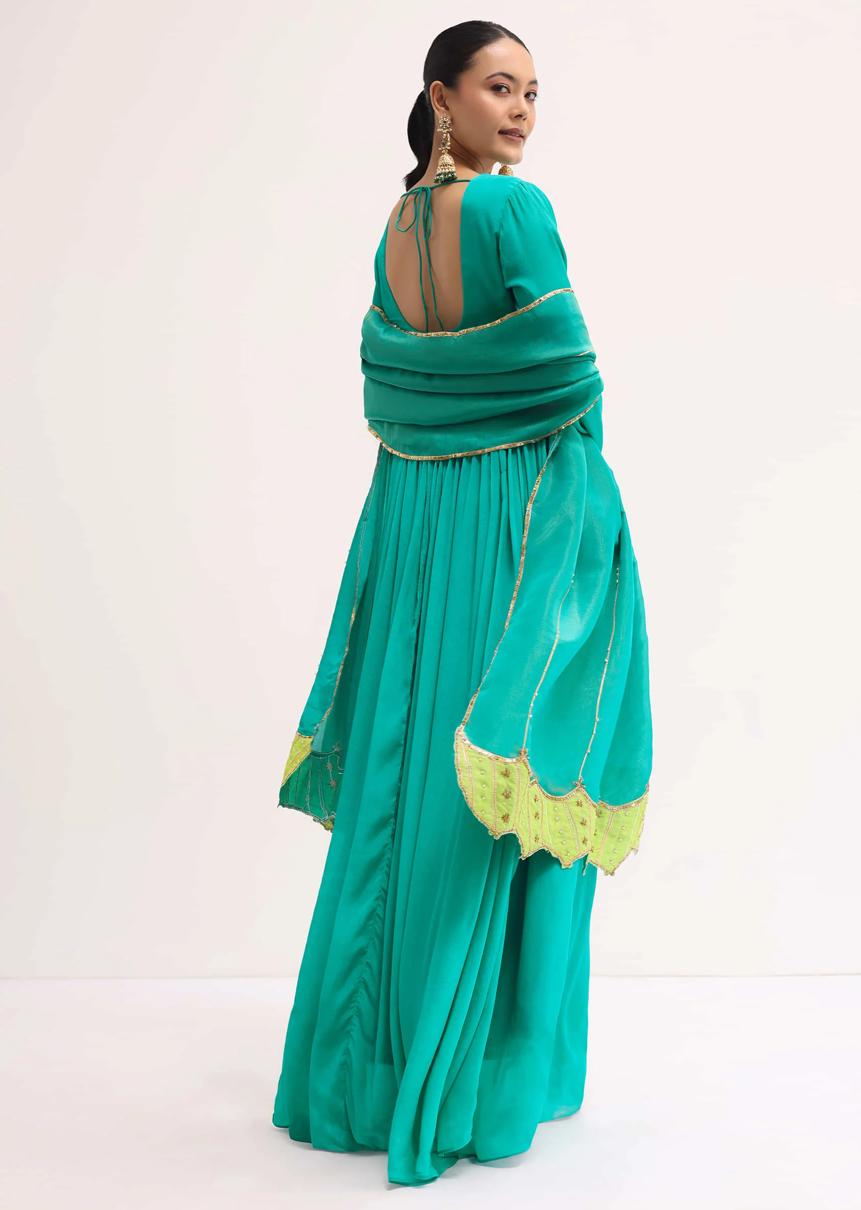 Aqua Green Chiffon Anarkali With Tissue Dupatta - Image 5