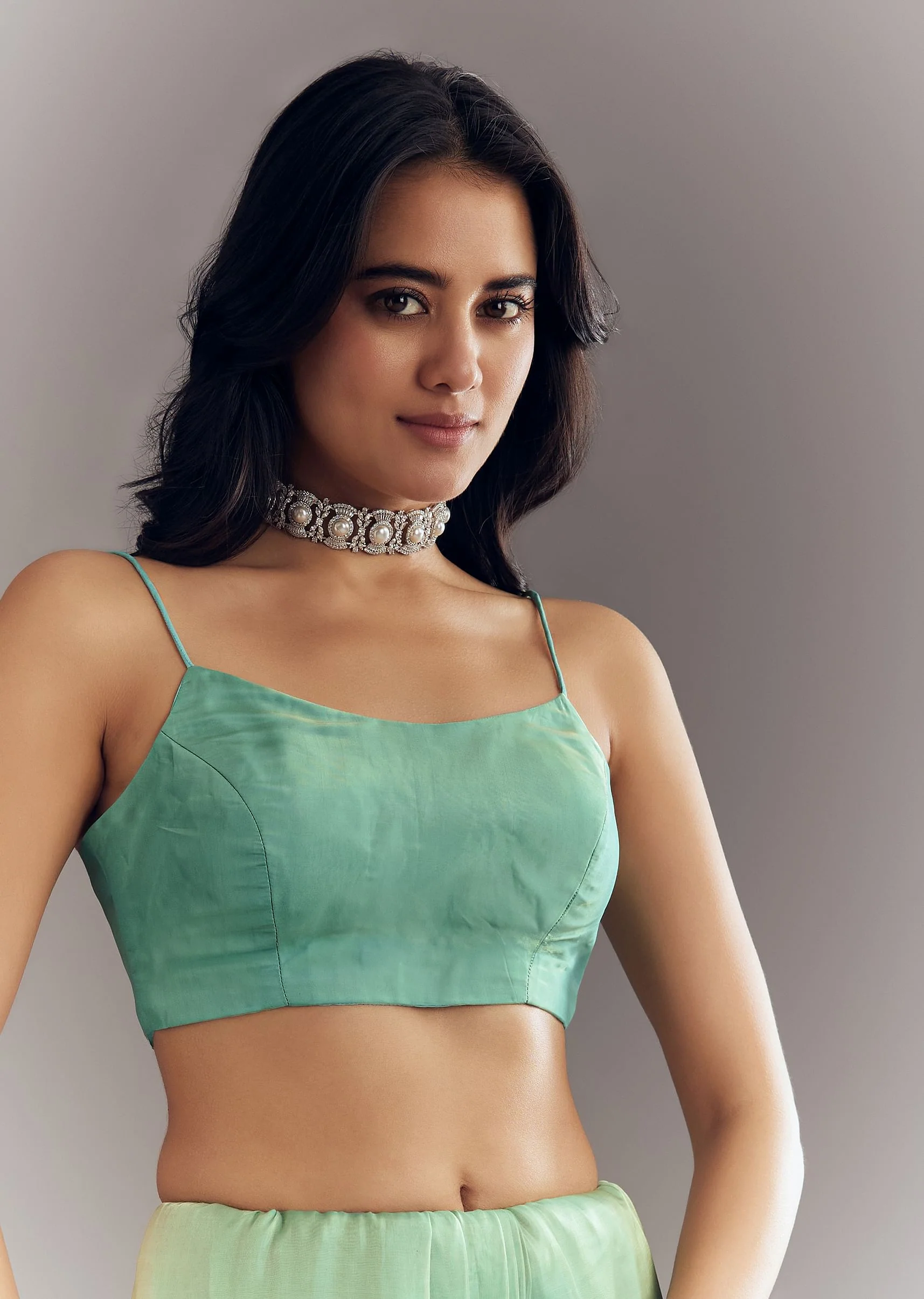 Aqua Green Organza Saree With Stones Beads And Sequins Embroidery And Scallop Border - Image 7