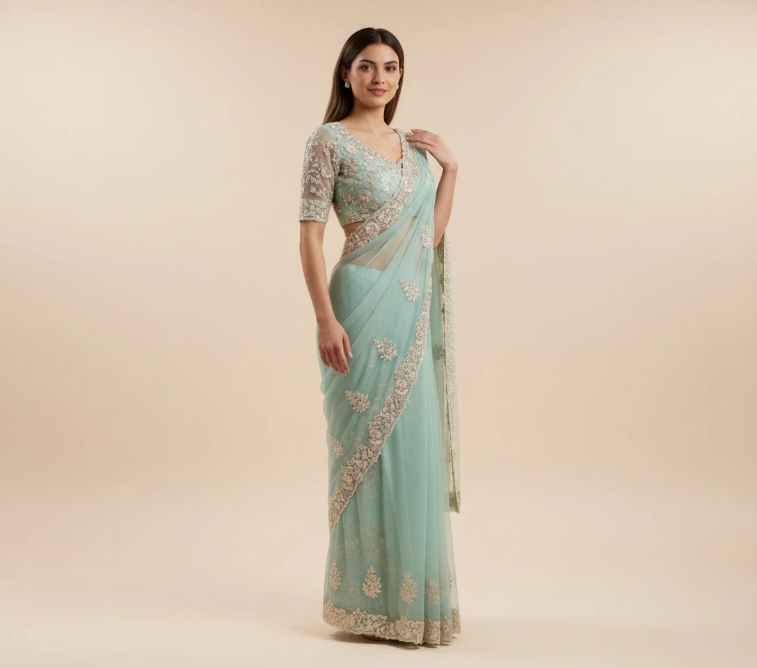 Aqua Refreshing Embroidered Saree
