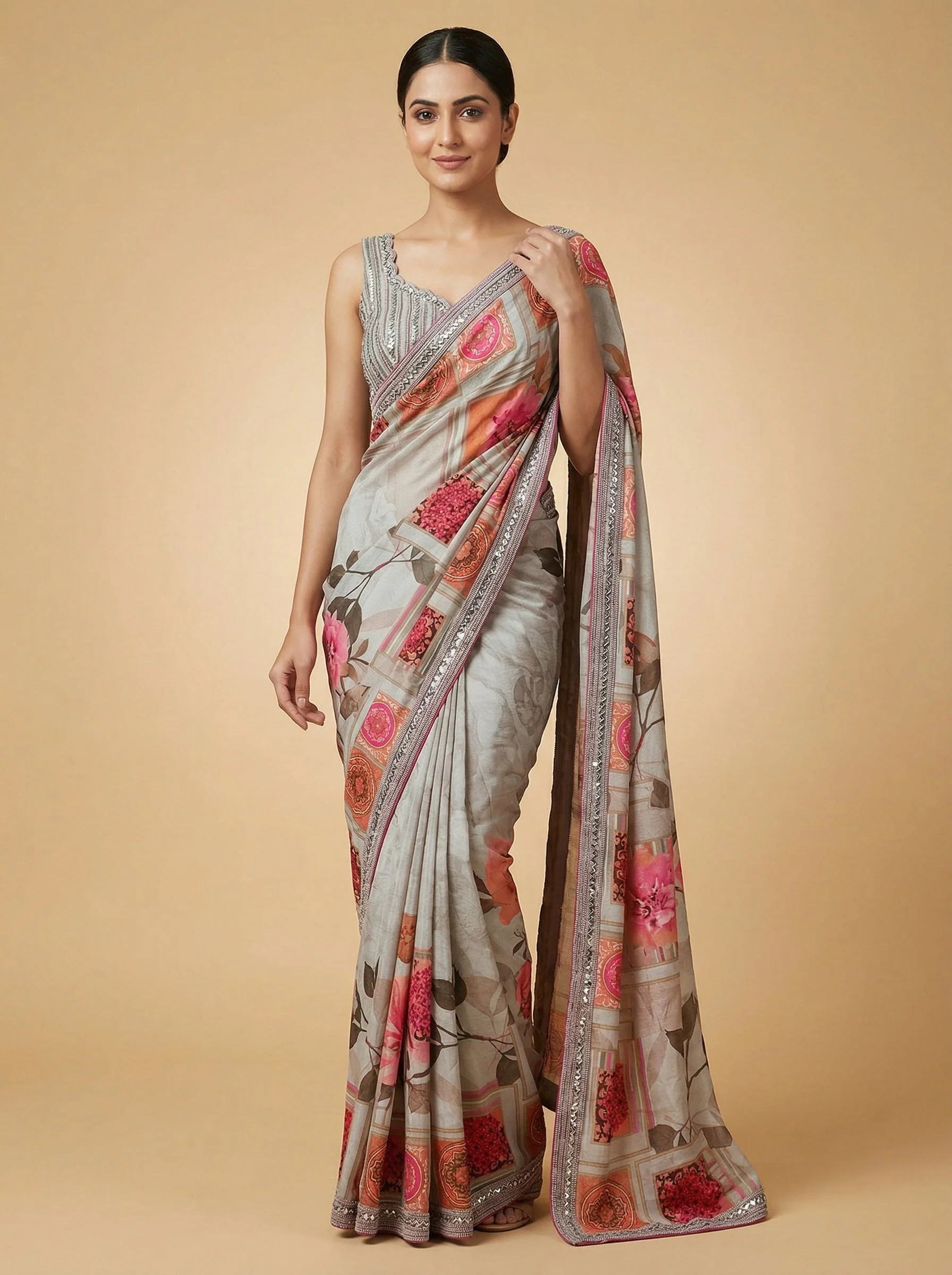 Ash Grey Embroidered Saree