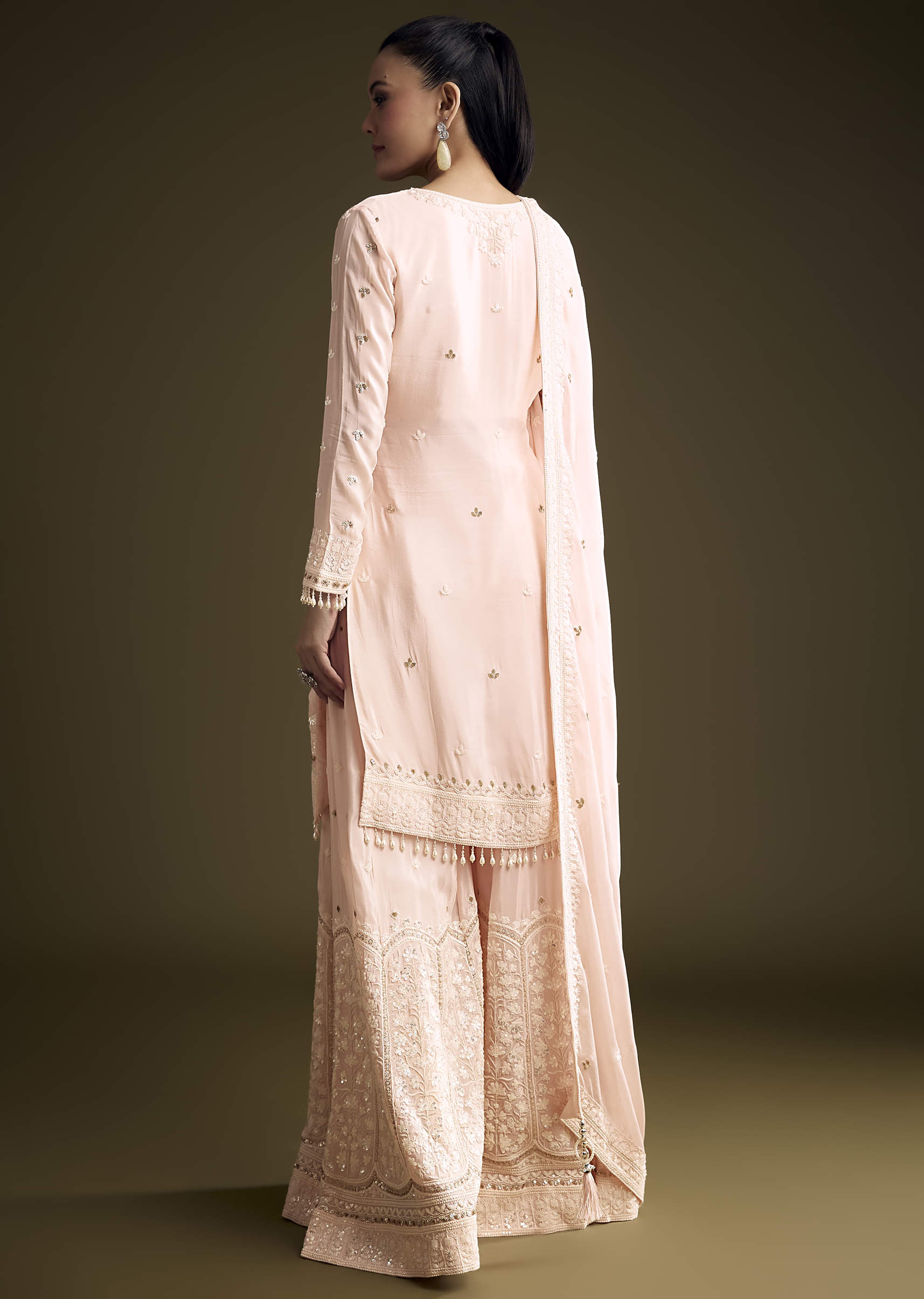 Baby Pink Chinon Palazzo Suit With Thread And Sequins Work - Image 5