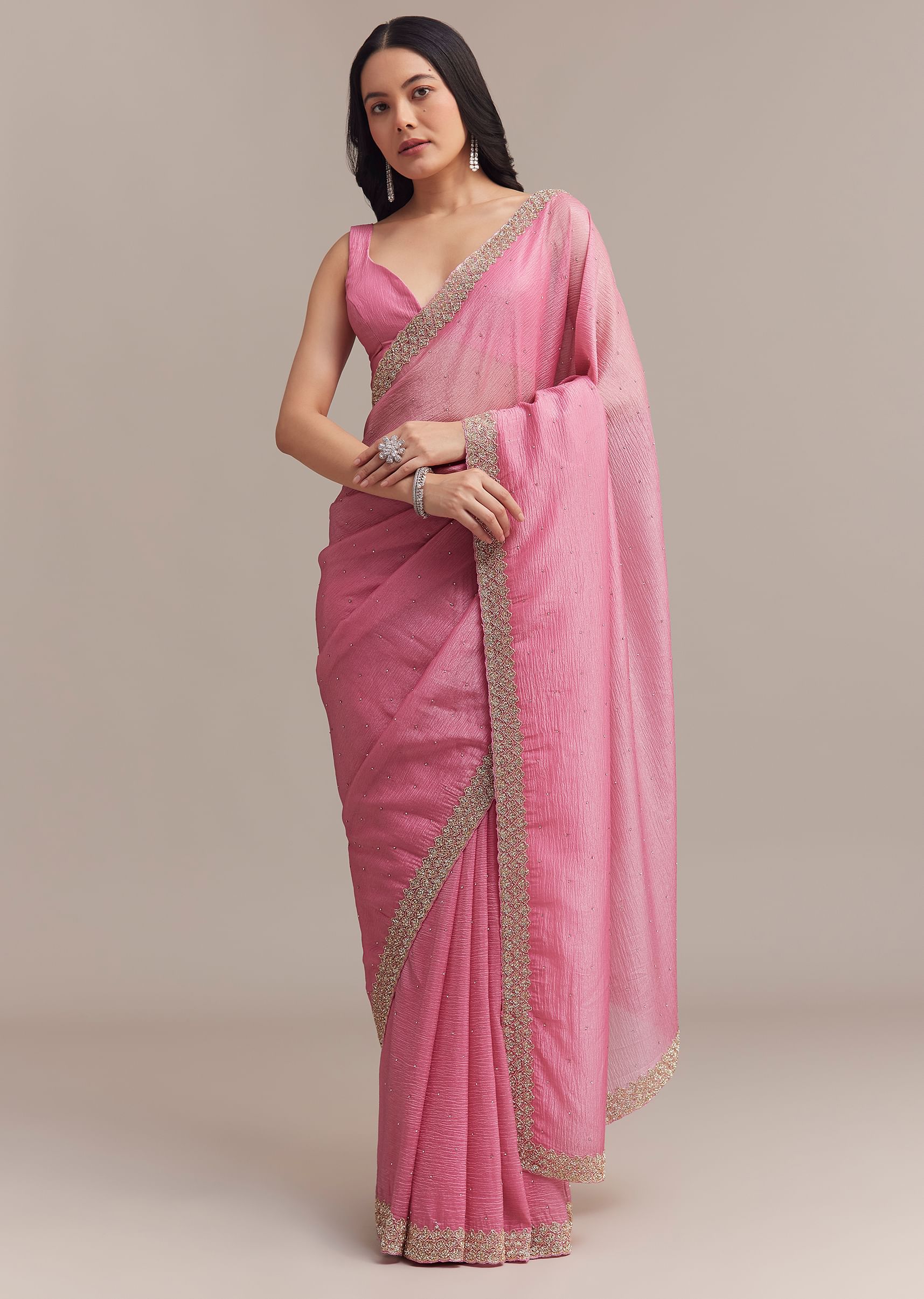 Baby Pink Crushed Tissue Saree With Embellished Border - Image 3