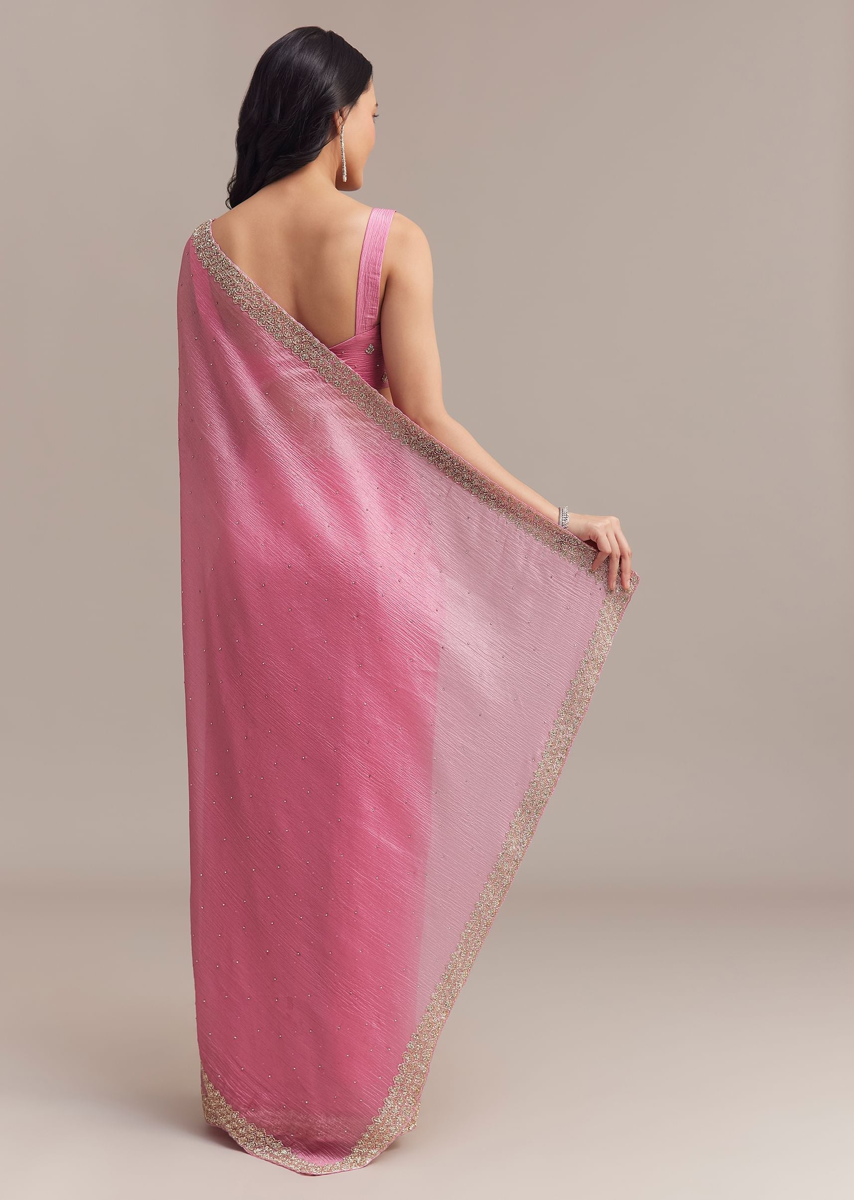 Baby Pink Crushed Tissue Saree With Embellished Border - Image 6