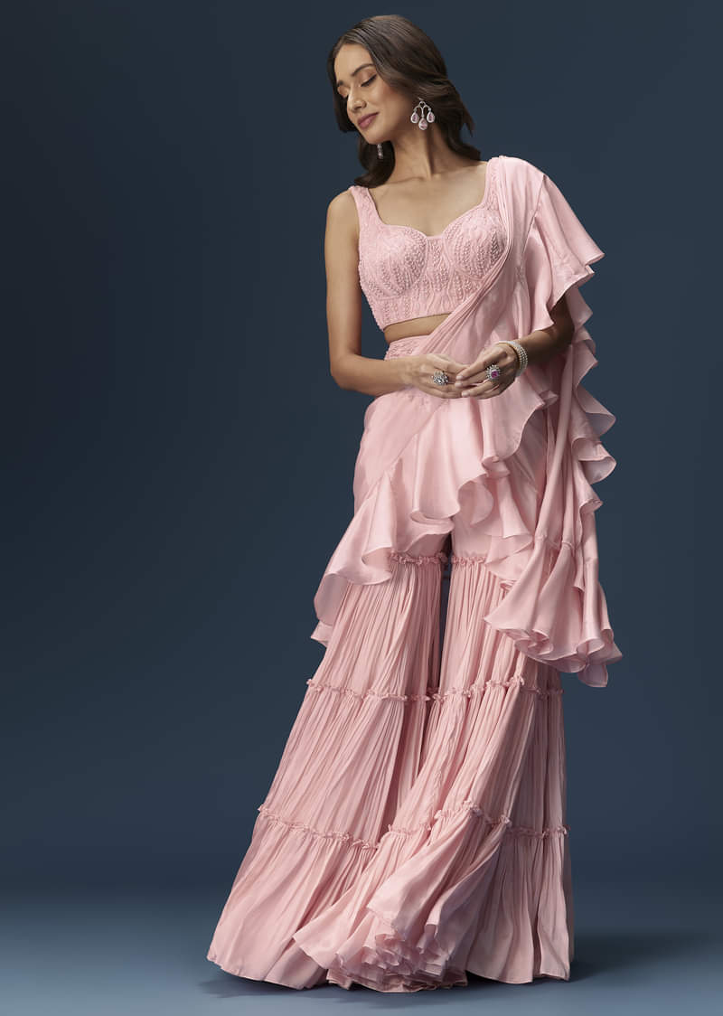 Baby Pink Frill Saree With Fancy Blouse - Image 5
