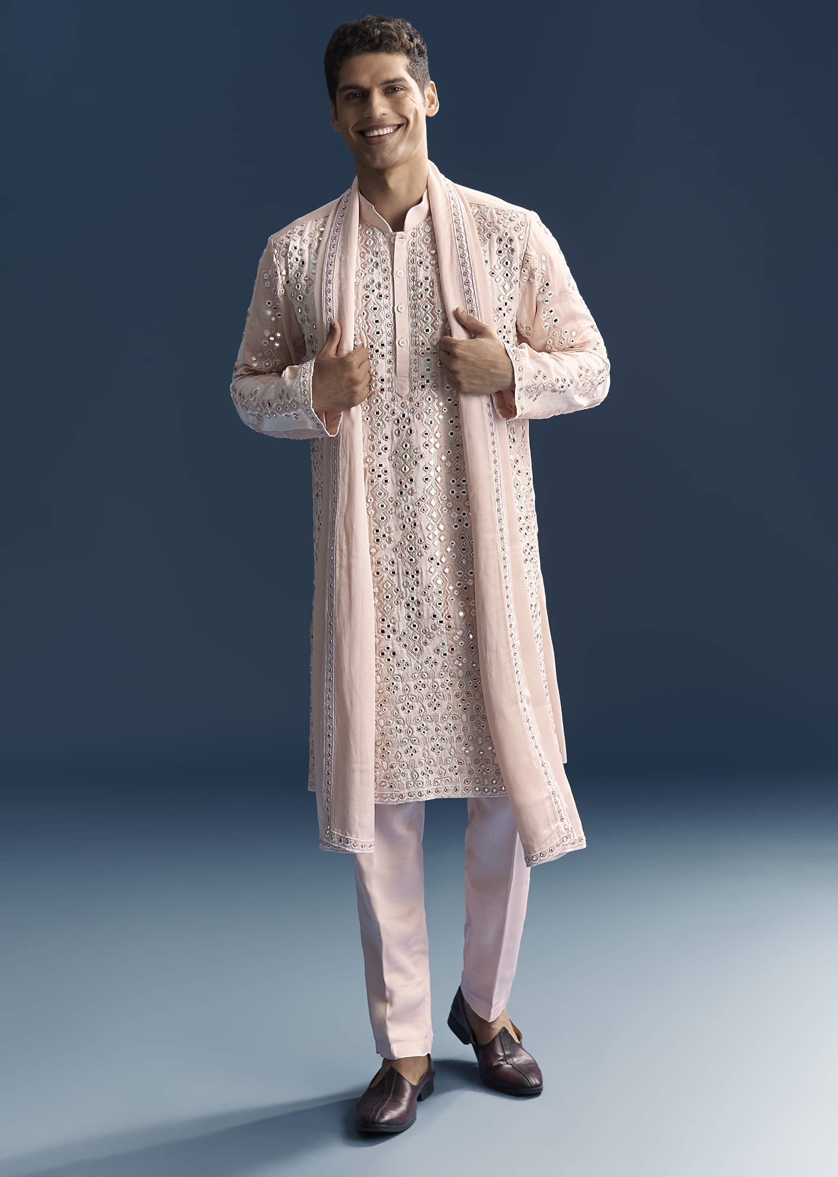 Baby Pink Kurta Set For Men With Mirror And Thread Work - Image 3
