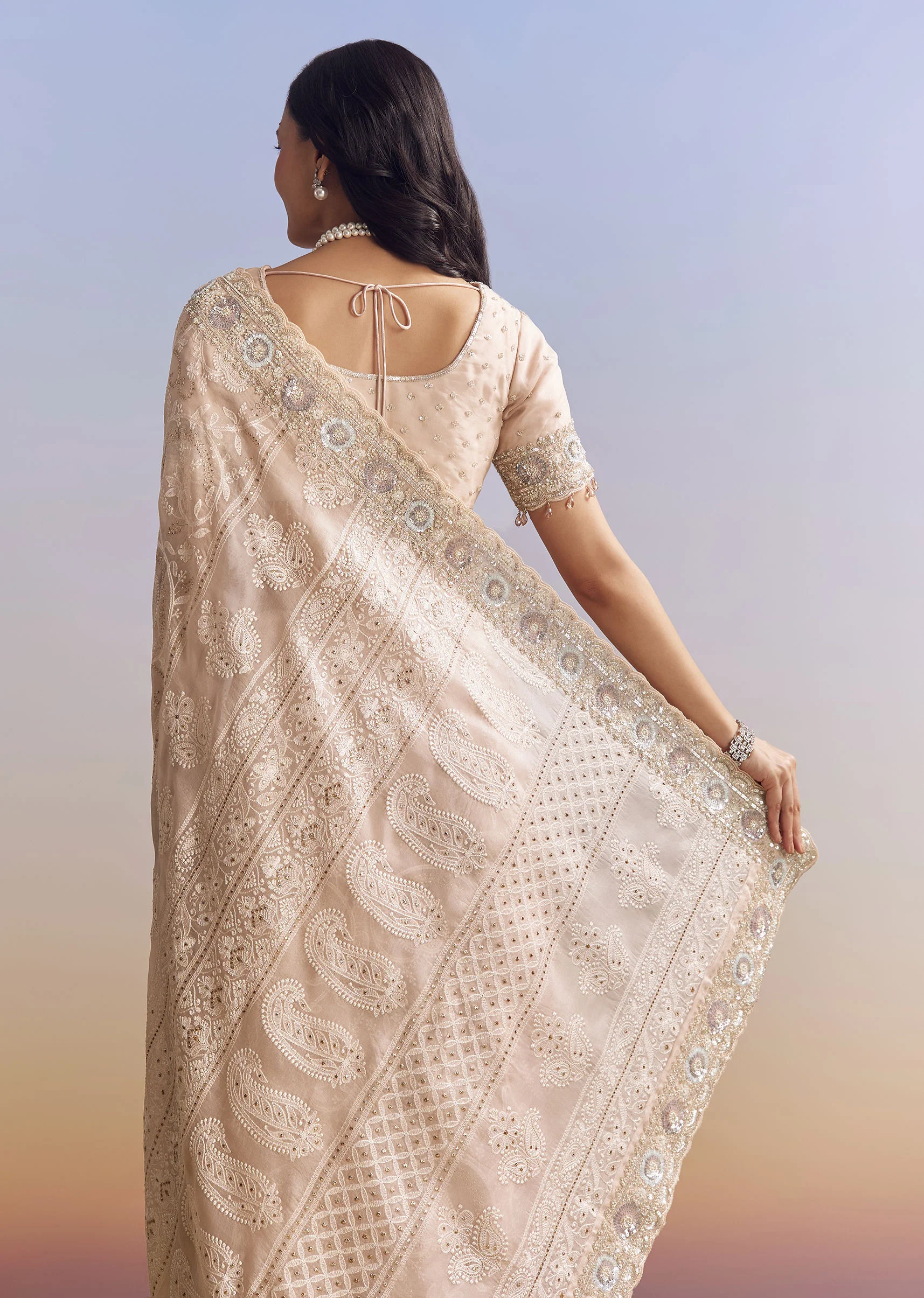 Baby Pink Organza Saree With Chikankari Threadwork And Beaded Embroidery - Image 6