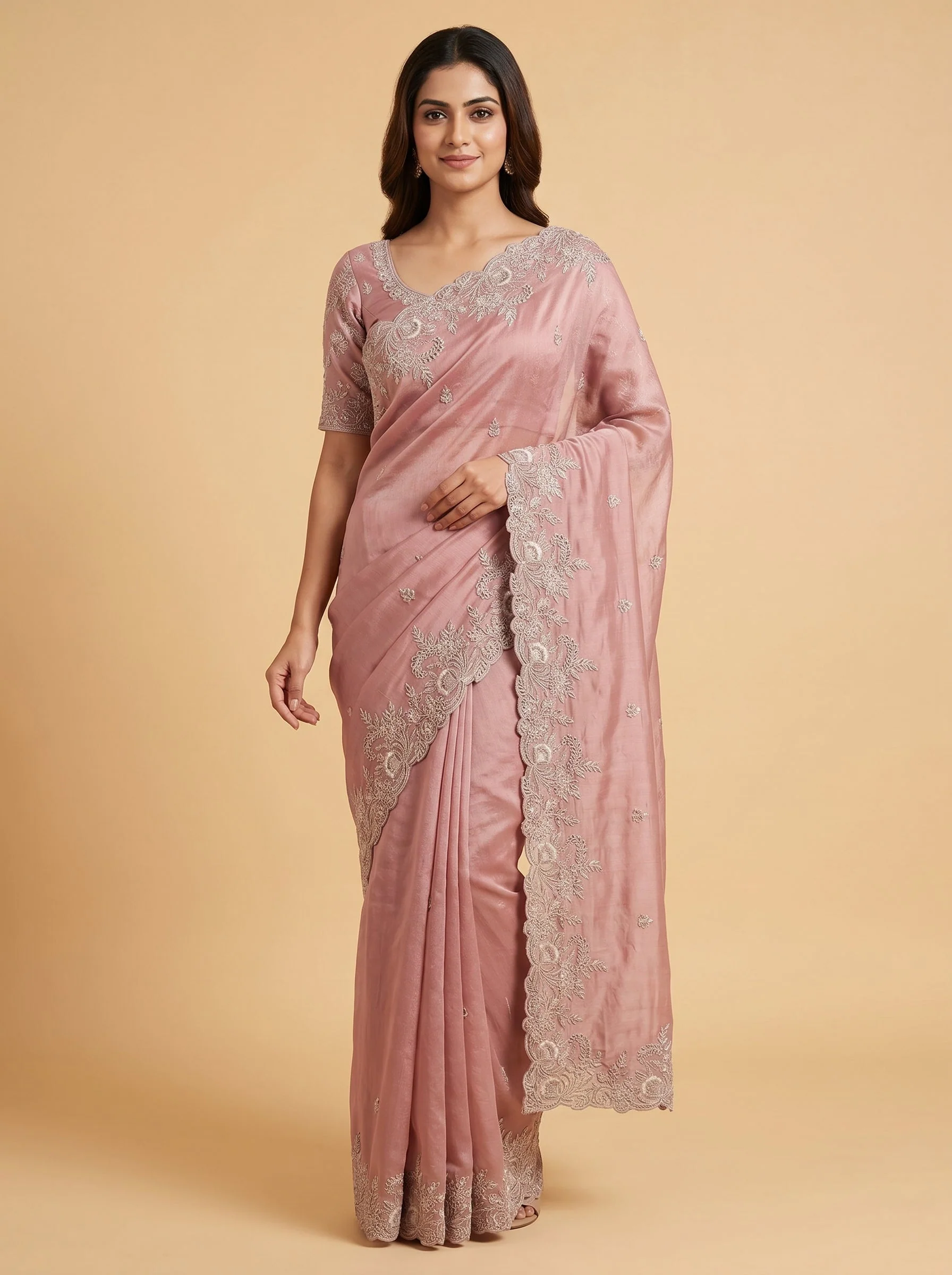 Baby Pink Powder Blush Embroidered Saree