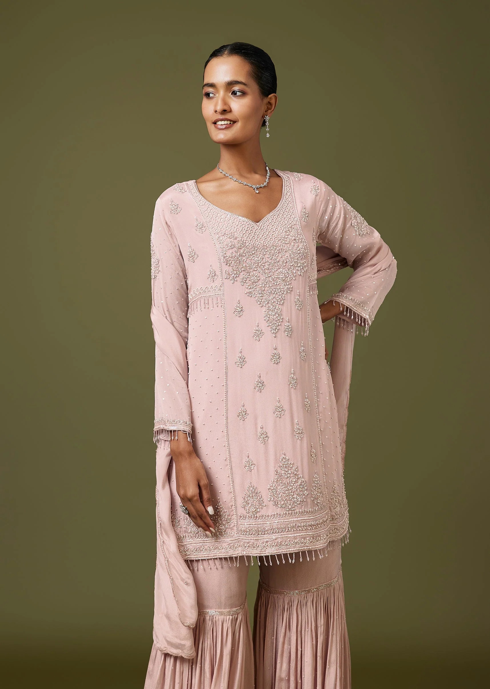 Baby Pink Sweetheart Sharara Set With Moti Cut Dana Work - Image 4