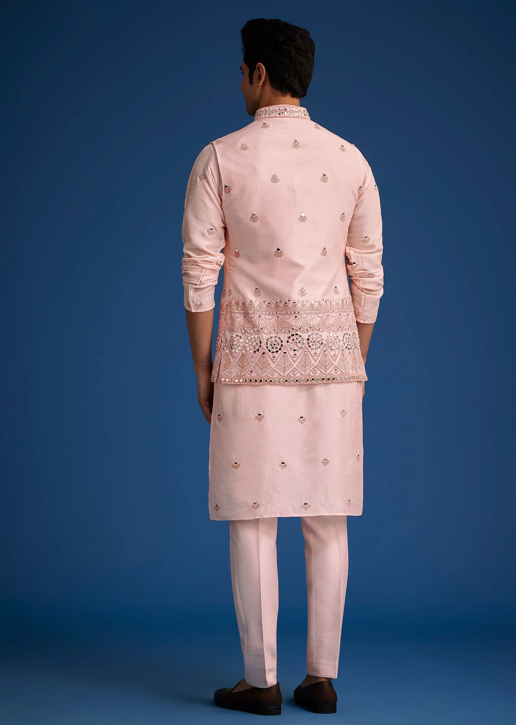Baby Pink Tussar Kurta Jacket Set With Mirror Embroidery - Image 5