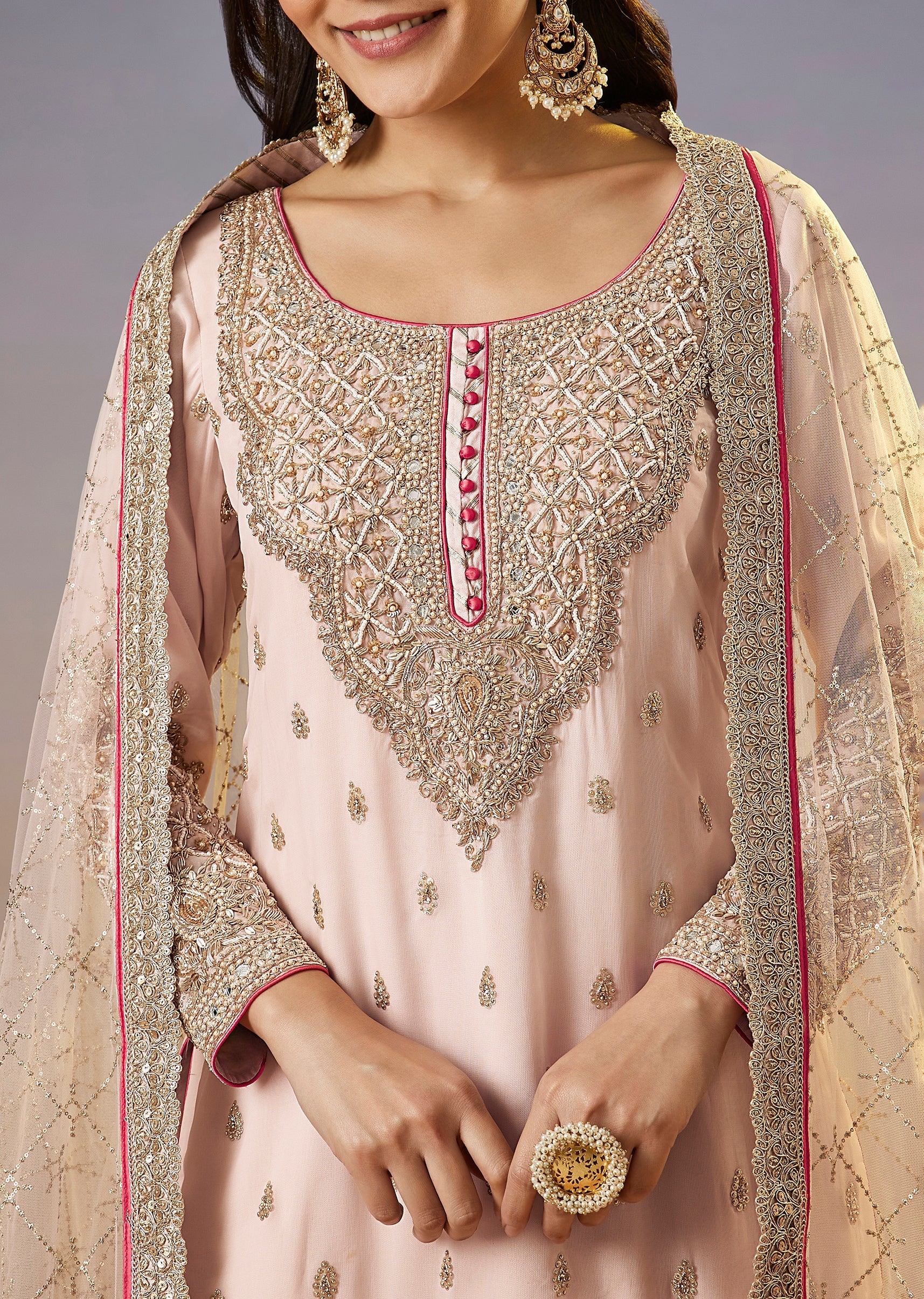 Baby Pink Zardosi Sharara Suit With Dupatta - Image 2