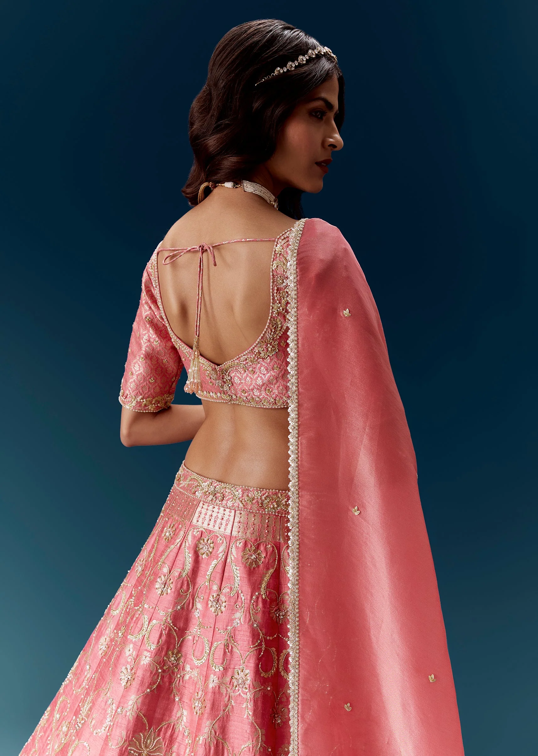 Banarasi Embroidered Bridal Lehenga in Pink With Dupatta - Image 6