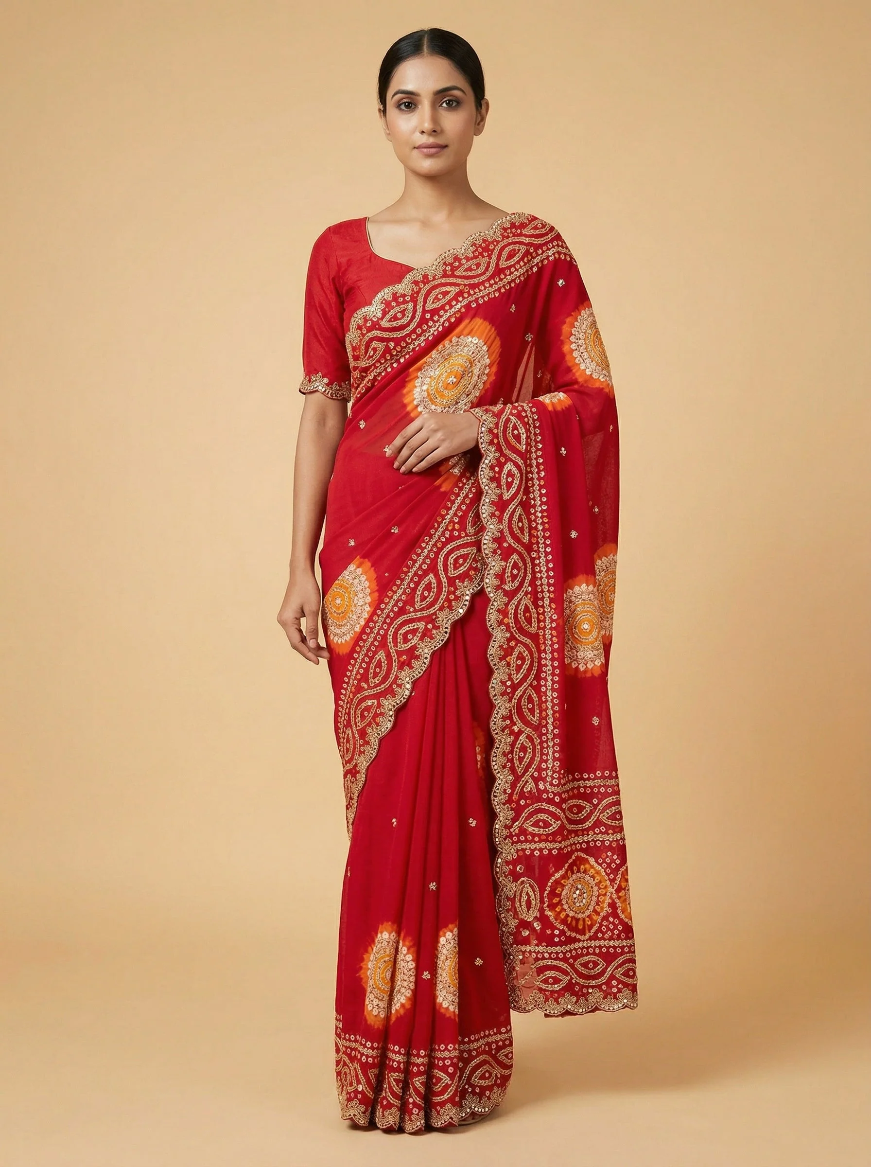 Bandhani Red Orange Saree