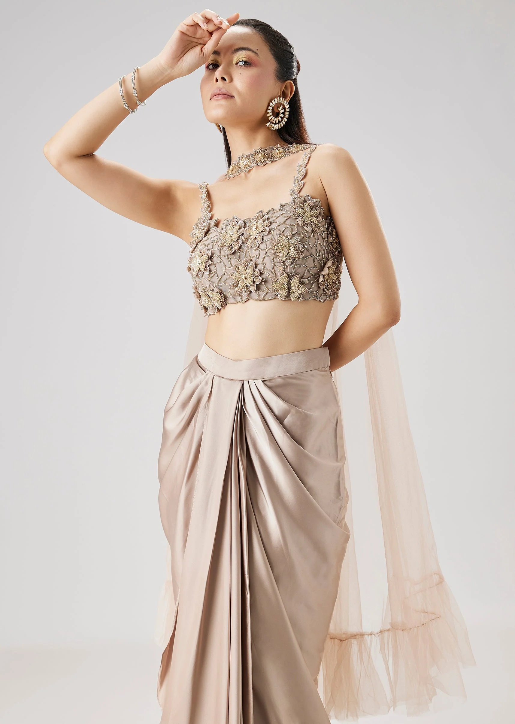 Beige 3D Floral Embellished Crop Top And Drape Skirt Set - Image 4