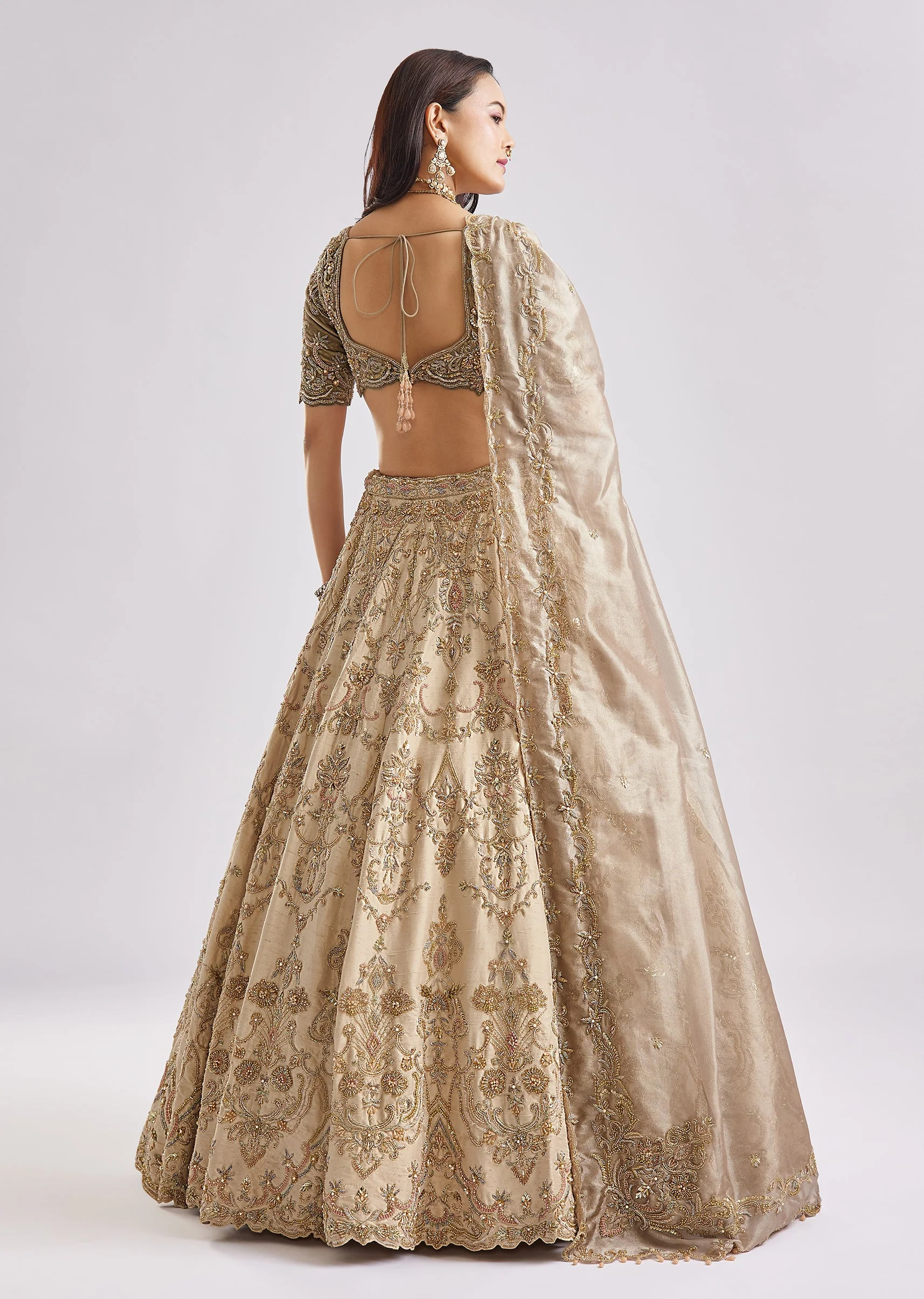 Beige And Green Dual Dupatta Embroidered Bridal Lehenga For Pheras - Image 3