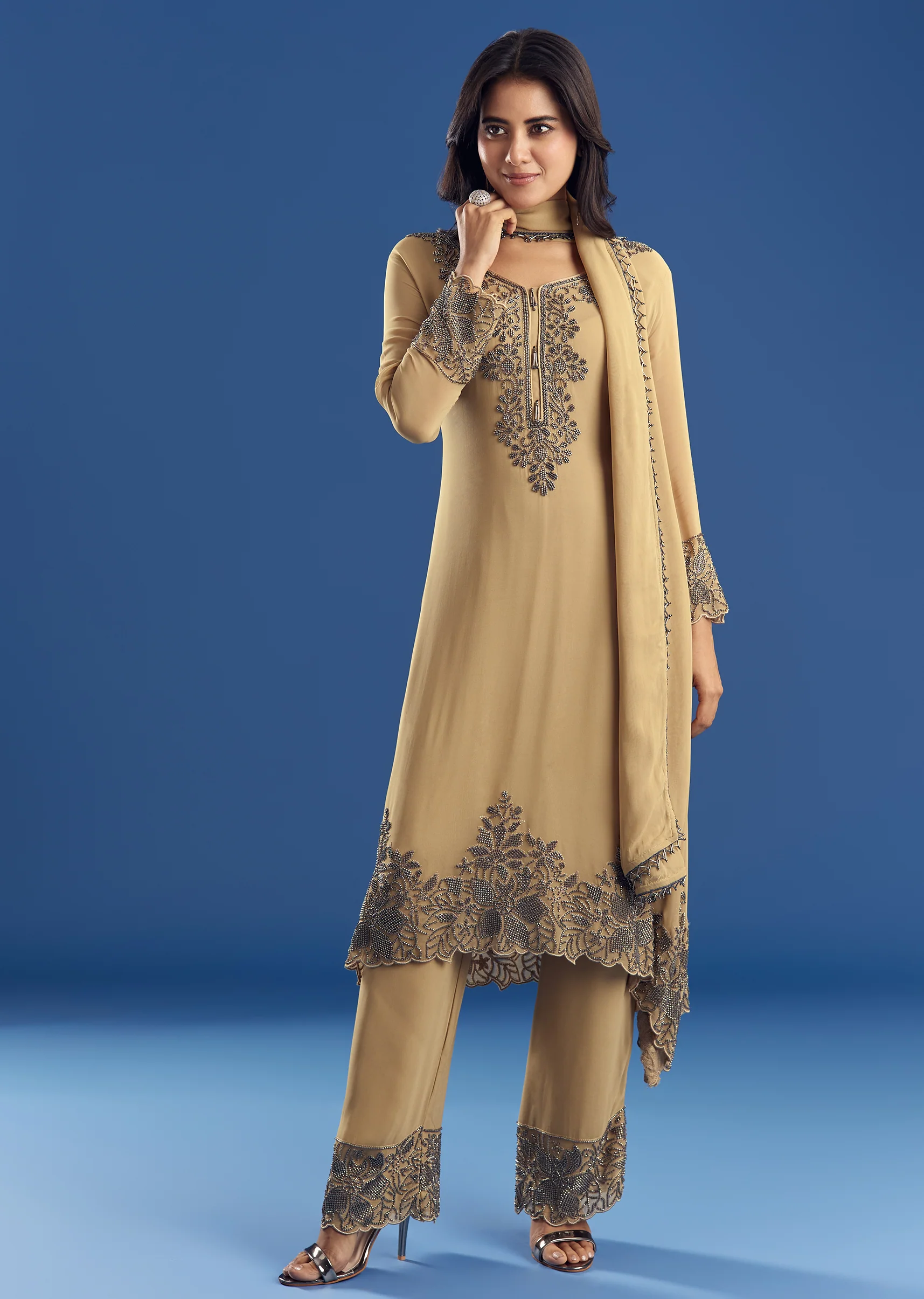 Beige Asymmetrical Georgette Beaded Kurta Pant Set With Dupatta - Image 3