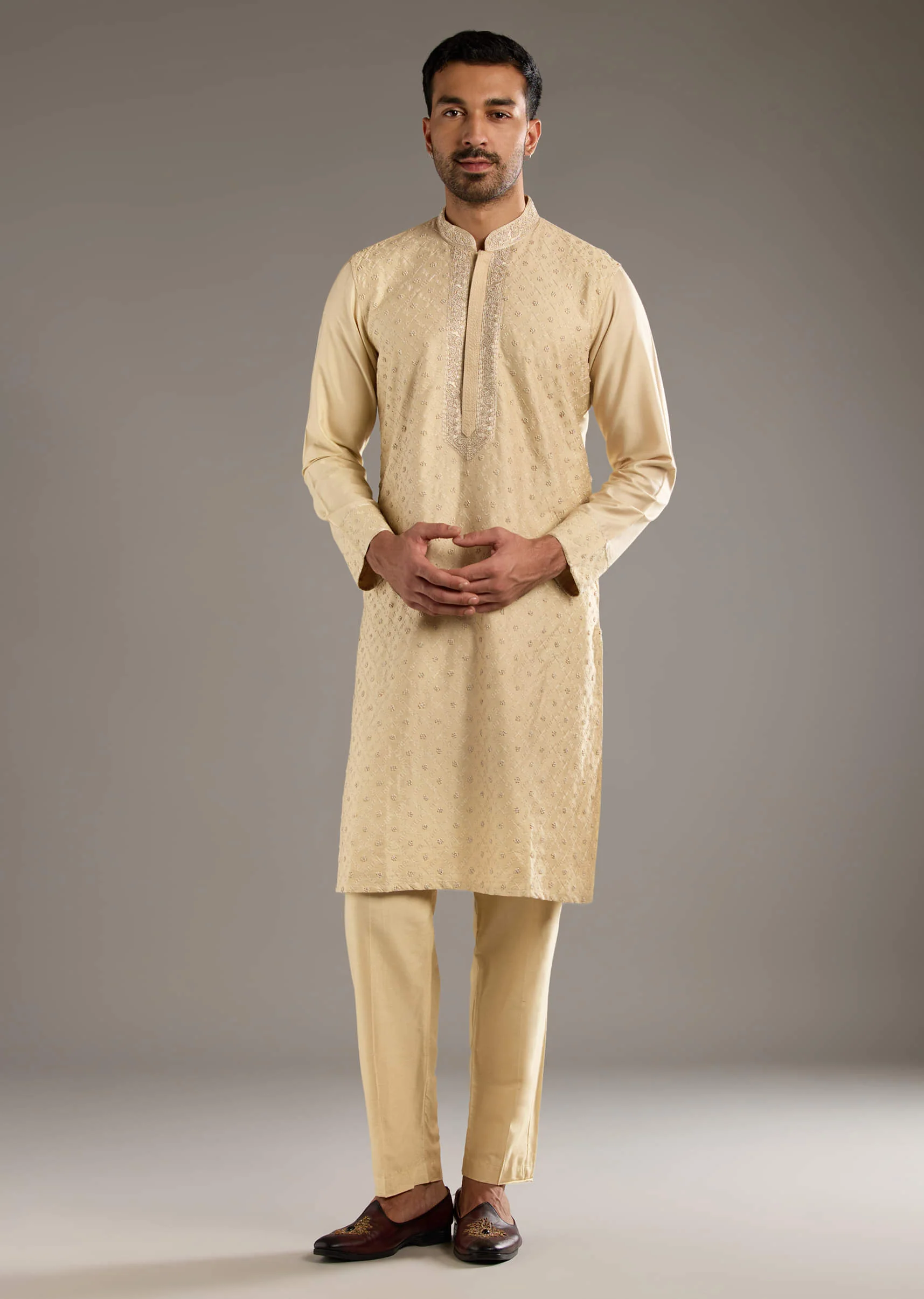 Beige Banarasi Silk Kurta Set For Men With Pure Hand Embroidery - Image 3
