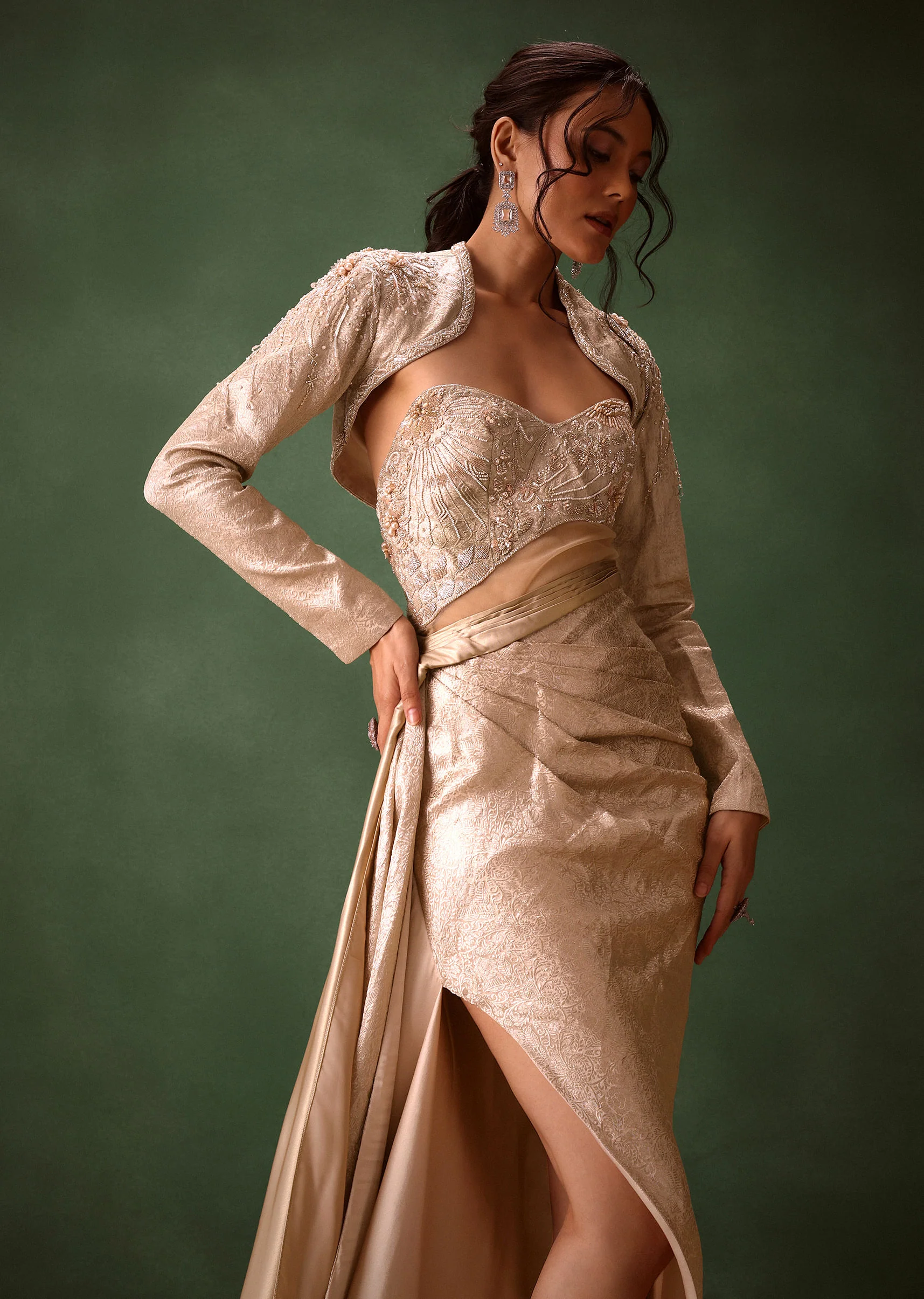Beige Brocade Gown with Crop Jacket - Image 2