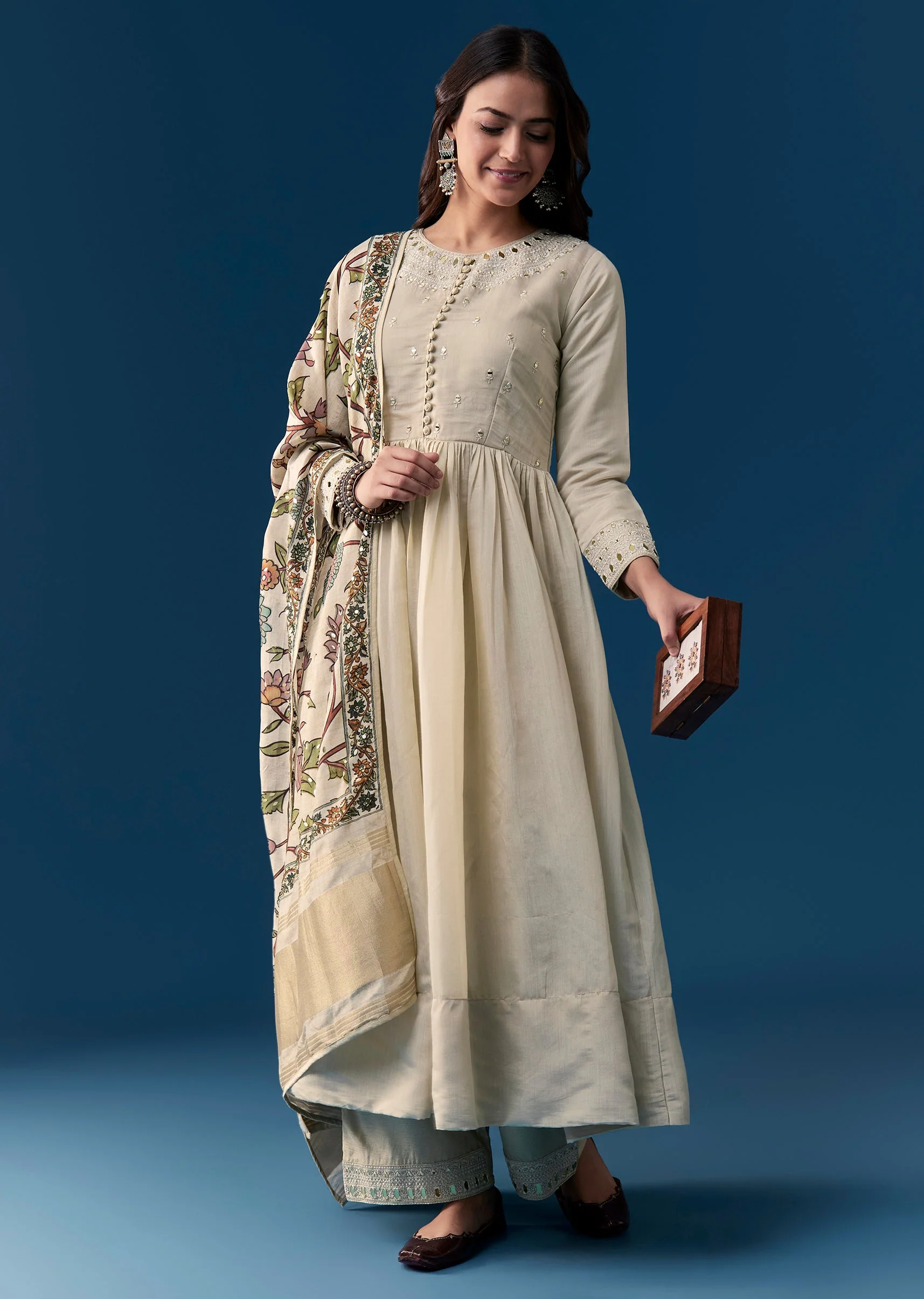 Beige Chanderi Anarkali Set With Mirror And Sequins Work - Image 3