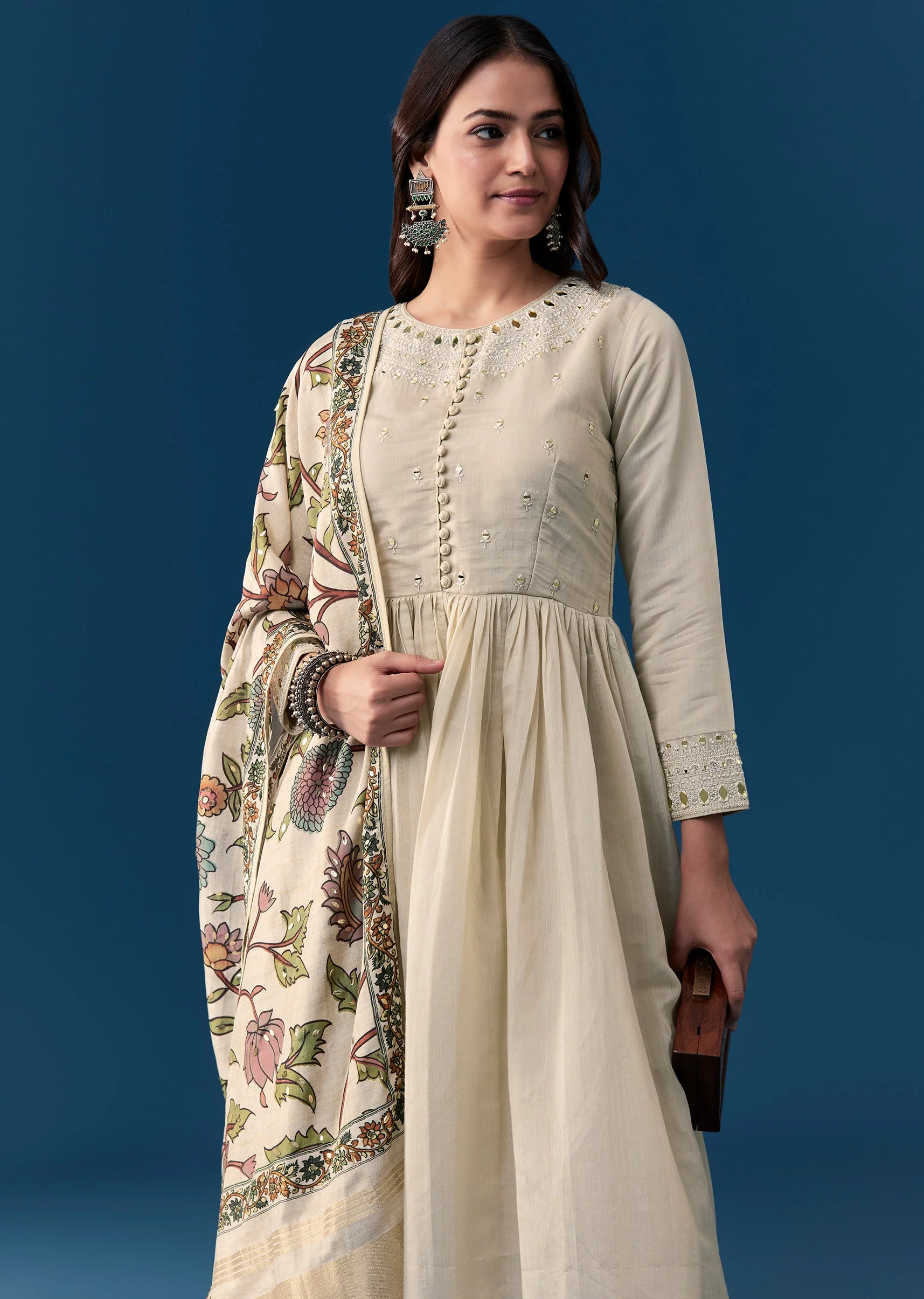 Beige Chanderi Anarkali Set With Mirror And Sequins Work - Image 4