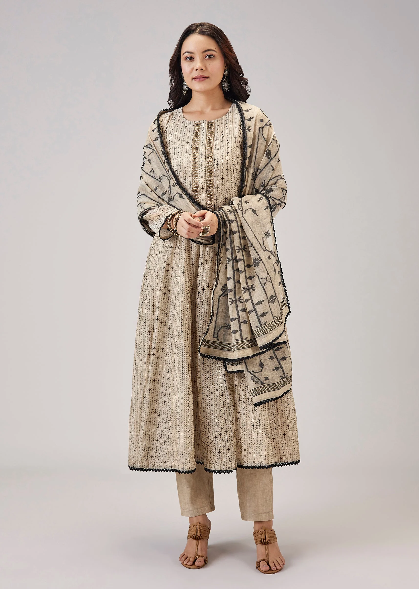 Beige Chanderi Hand Crafted Anarkali Suit Set