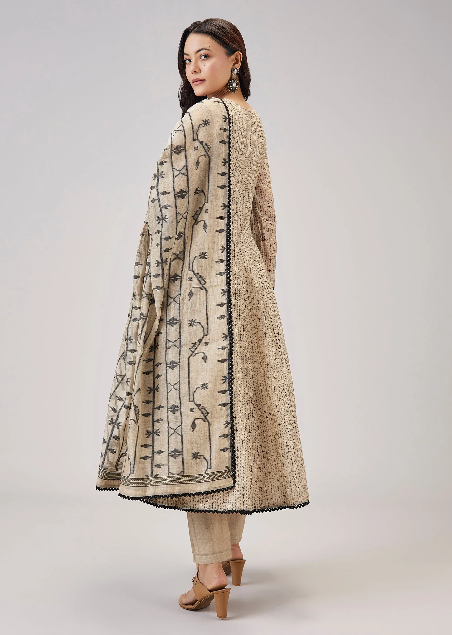 Beige Chanderi Hand Crafted Anarkali Suit Set - Image 5