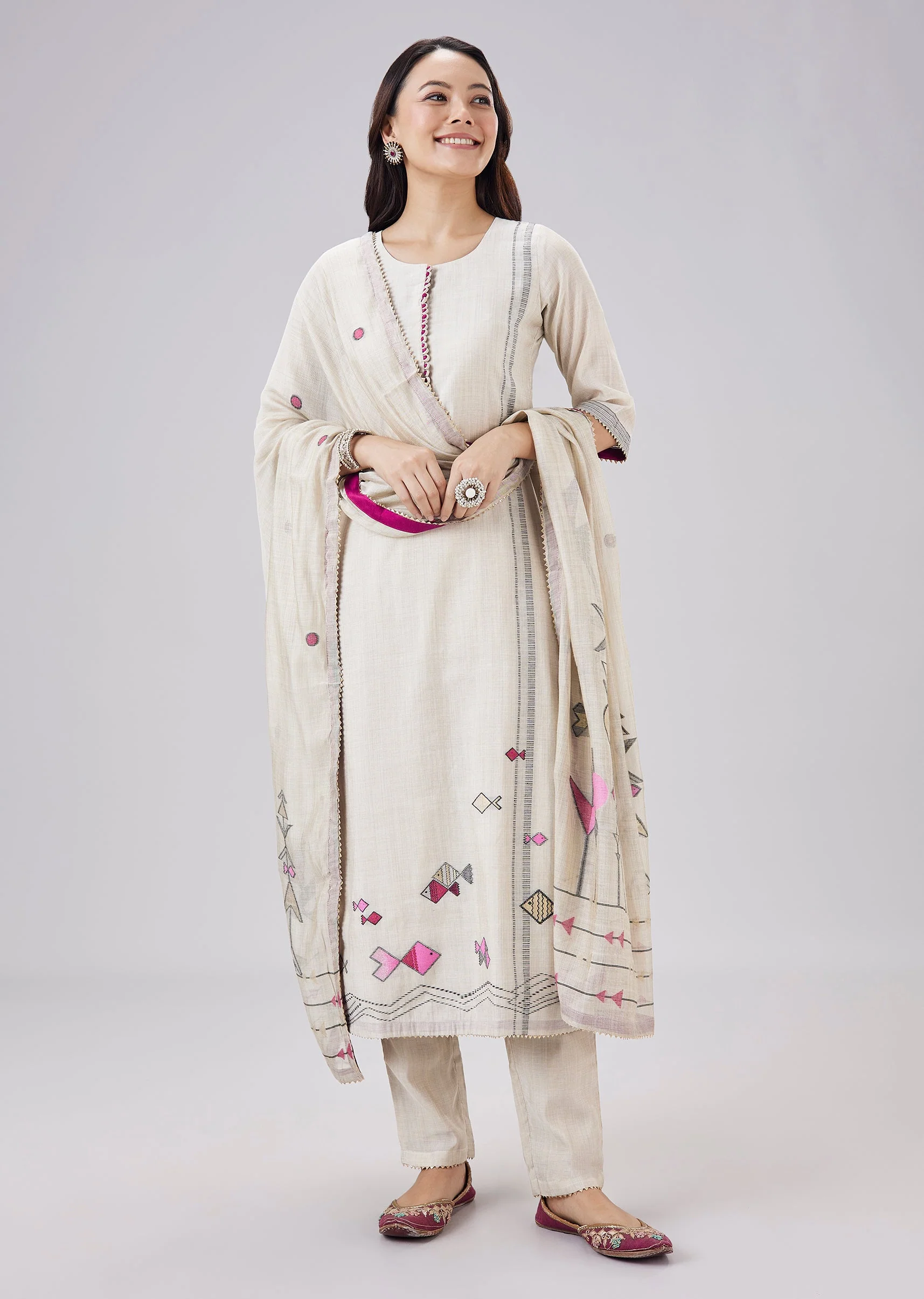 Beige Chanderi Woven Kurta Set With Dupatta