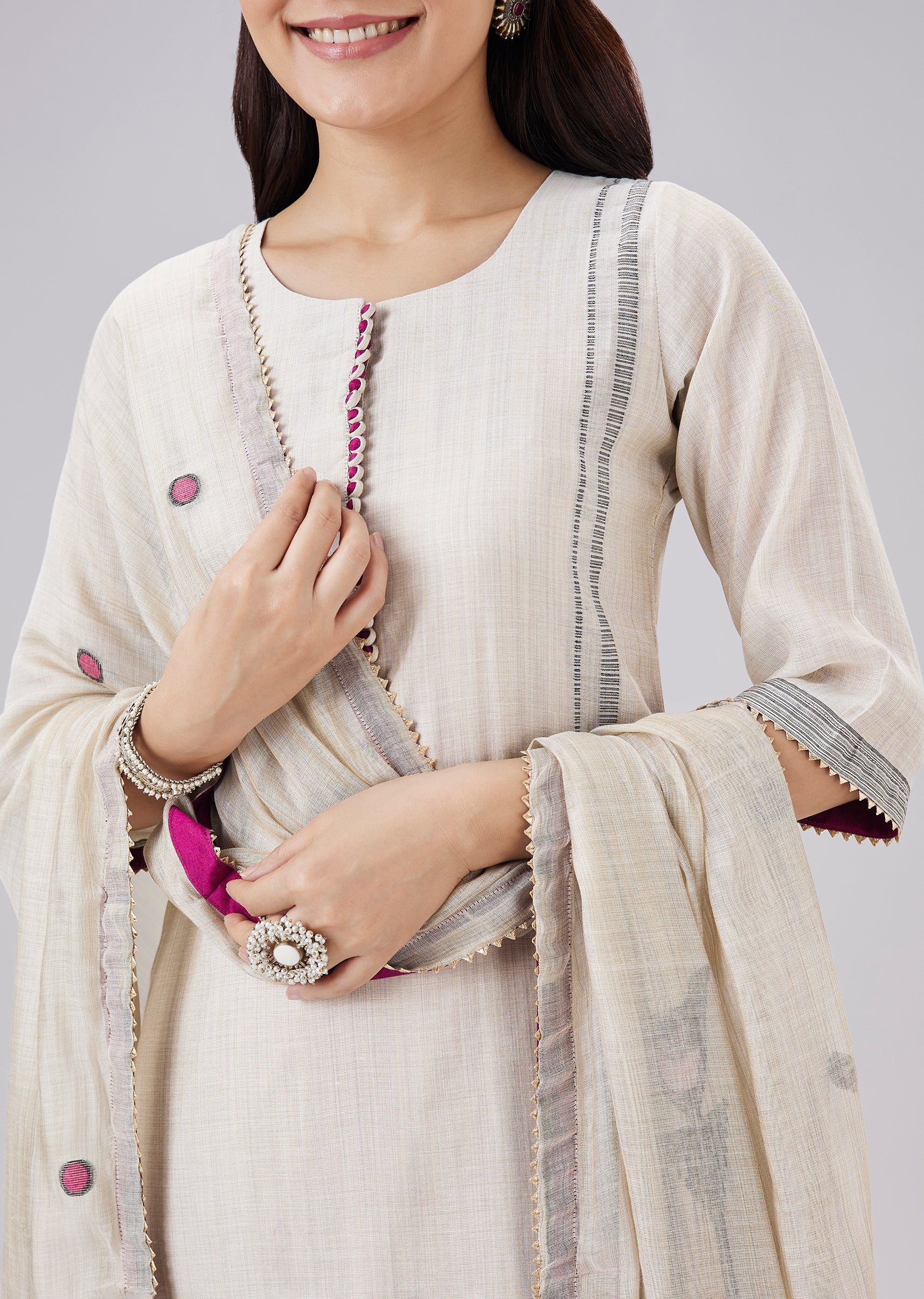 Beige Chanderi Woven Kurta Set With Dupatta - Image 2