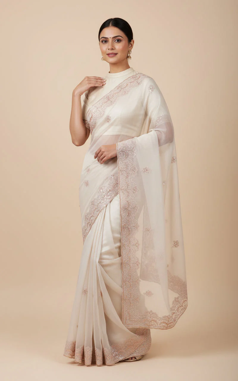 Beige Clean Embroidered Saree