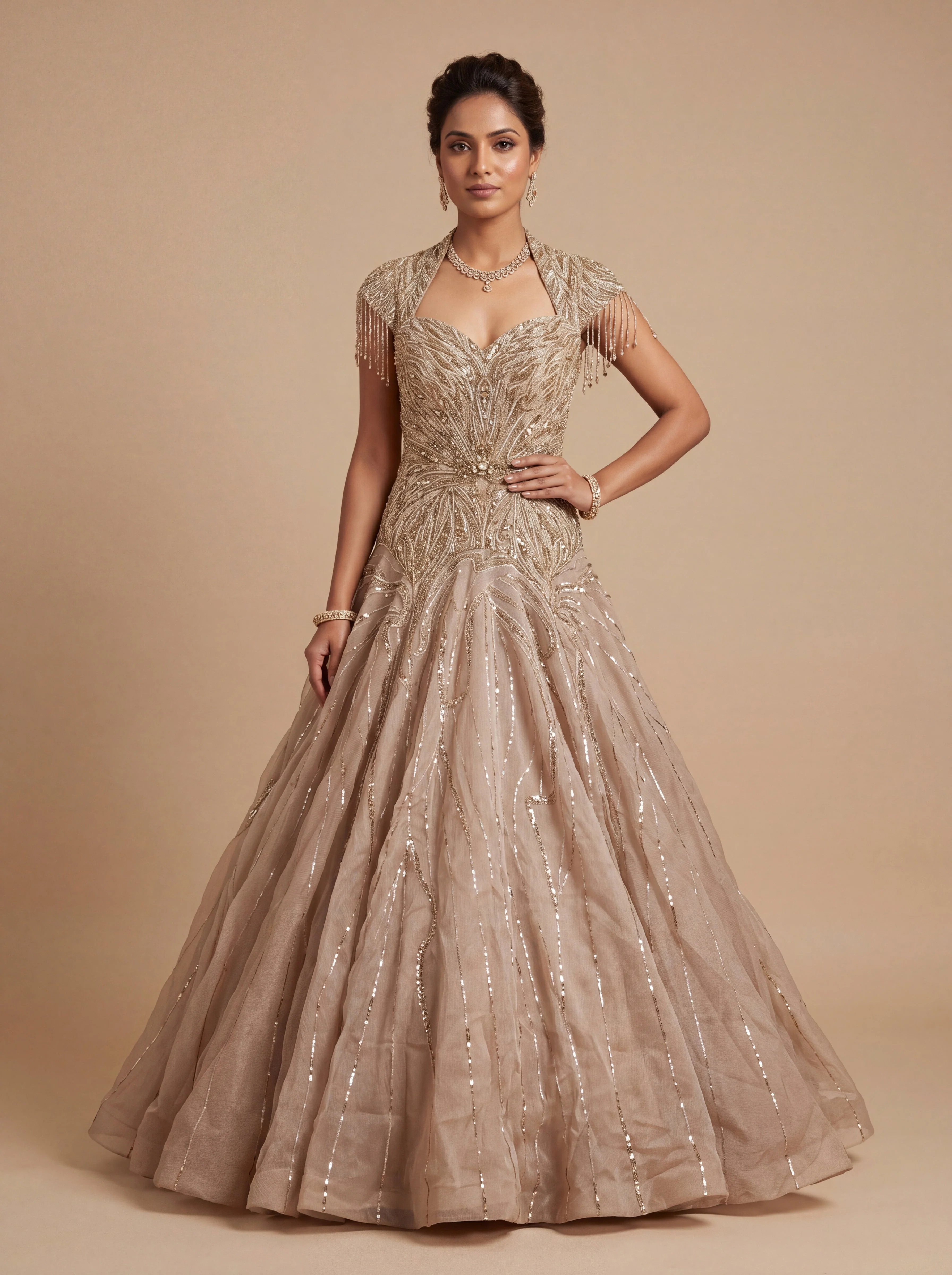 Beige Contemporary Flared Gown