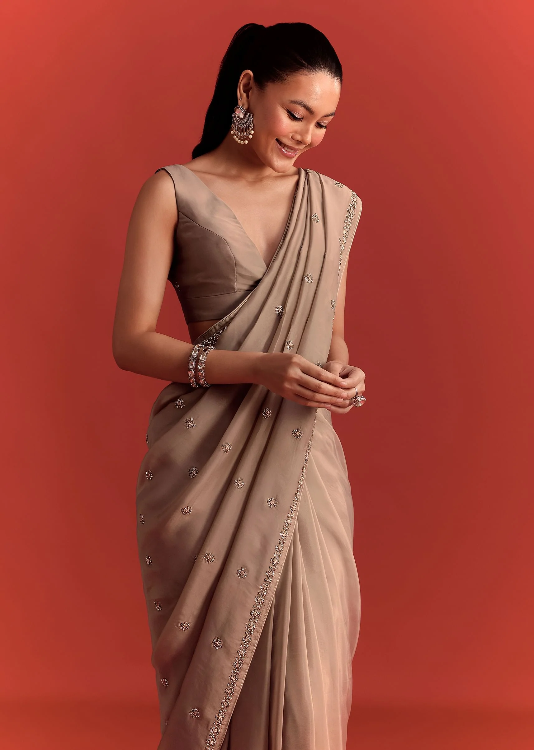 Beige Crepe Silk Saree With Cutdana Work - Image 5